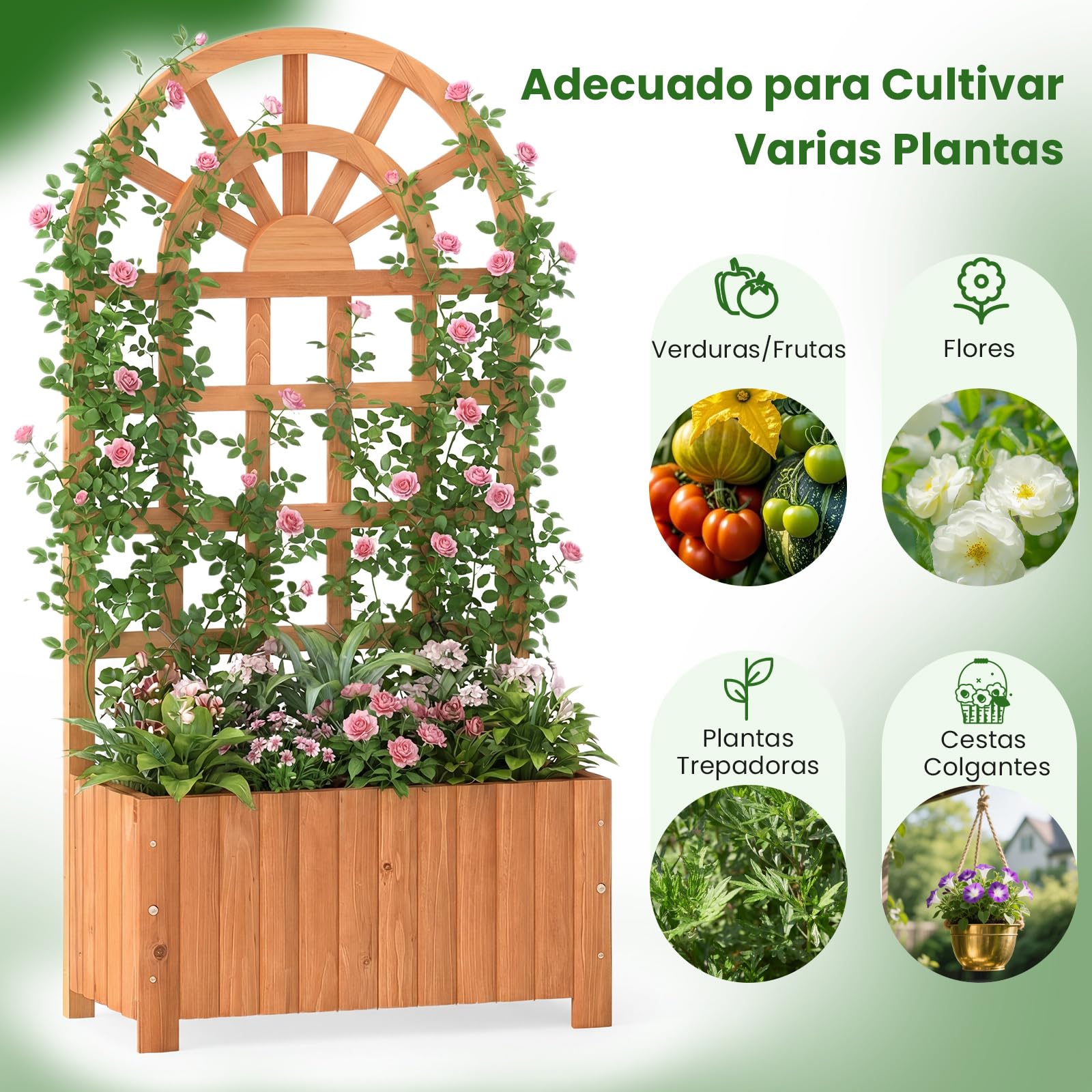COSTWAY Jardinera con Enrejado de Madera, Jardinera con Celosía y Agujeros de Drenaje, Macetero Elevado para Plantas Trepadoras, Flores, Verduras, Patio, Jardín, Terreza (Marrón,61x30x121 cm)