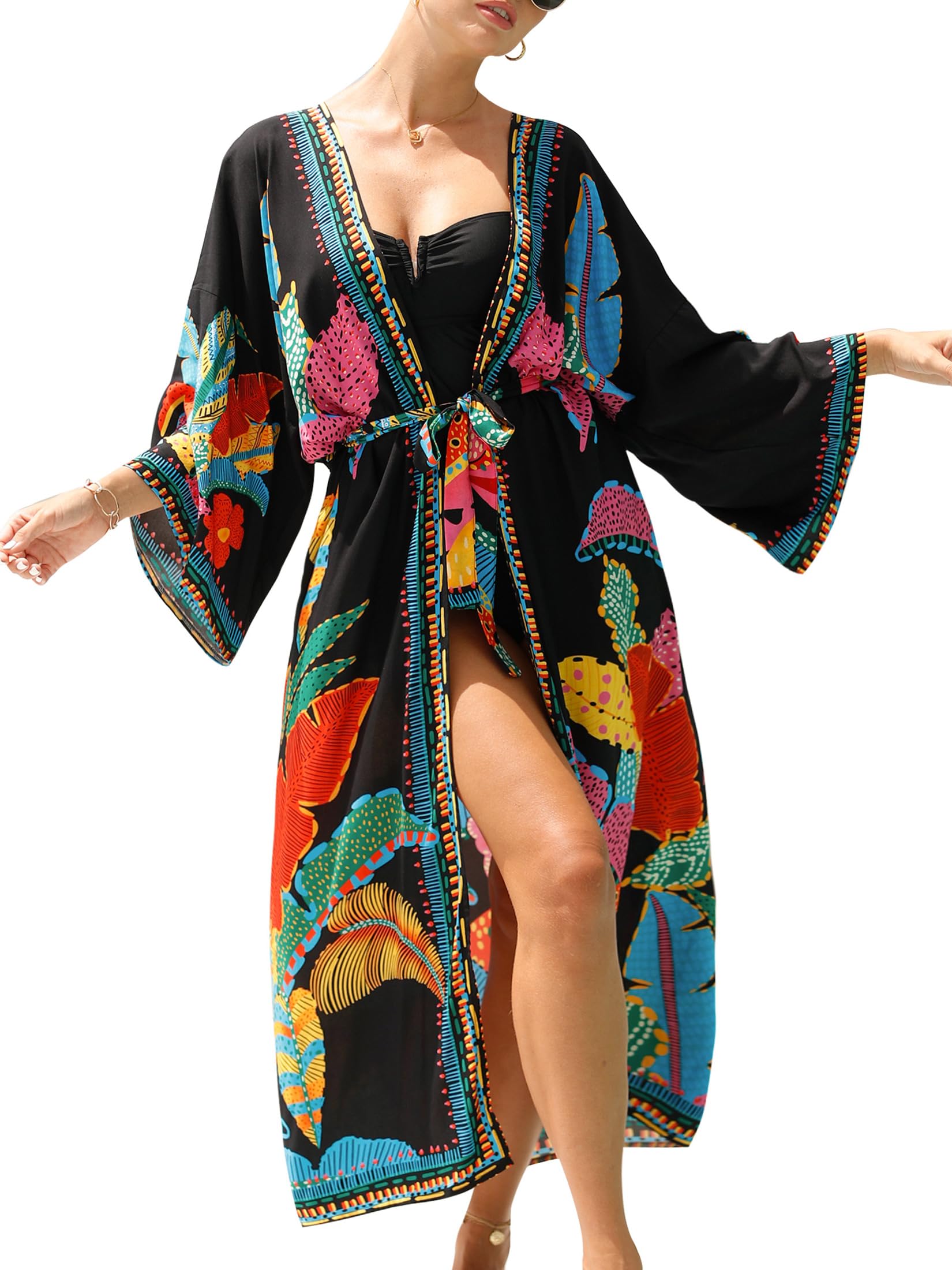 EDOLYNSA Bata Larga Tipo Kimono de Playa para Mujer con Parte Delantera Abierta, Negro 4, Talla única