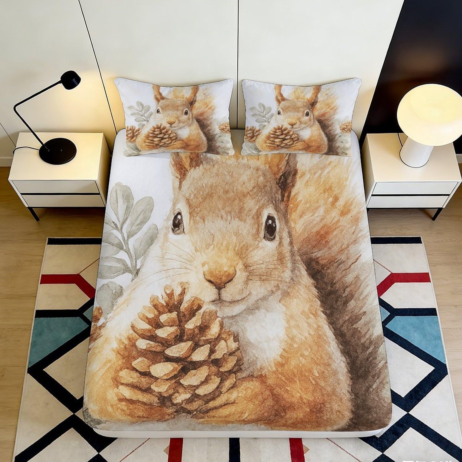 3D Printed Squirrel Pine Cone Fitted Sheet Microfiber Soft Non-Slip Mattress Cover for Bedroom Guest Dorm Decor 90x200x25cm
