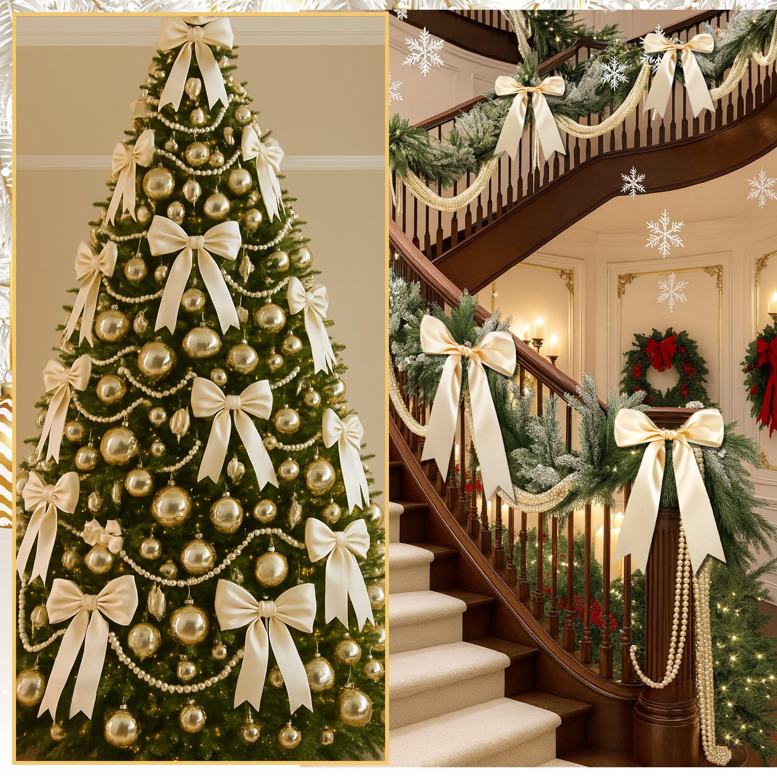 Chuangdi Lot de 2 rubans en satin champagne pour sapin de Noël, 29,9 m, perles blanches, 34,1 m et 5,9 cm pour loisirs créatifs, sapin de Noël, nœud, couronne, emballage cadeau, décoration de fête