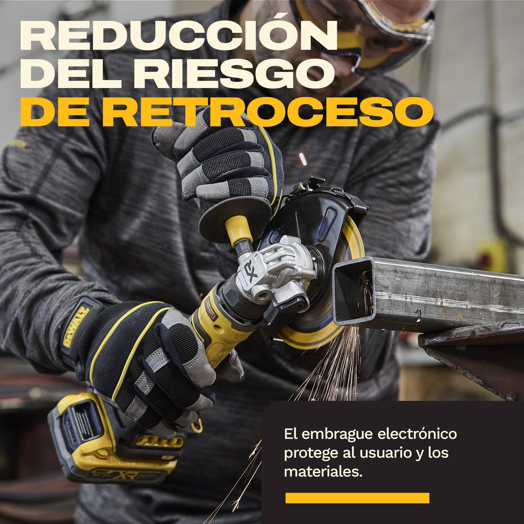 DEWALT Amoladora angular compacta Brushless 125mm 18V XR, DCG404N-XJ | Amoladora angular compacta 125mm 18V XR brushless con freno electrónico, embrague y arranque suave para seguridad.