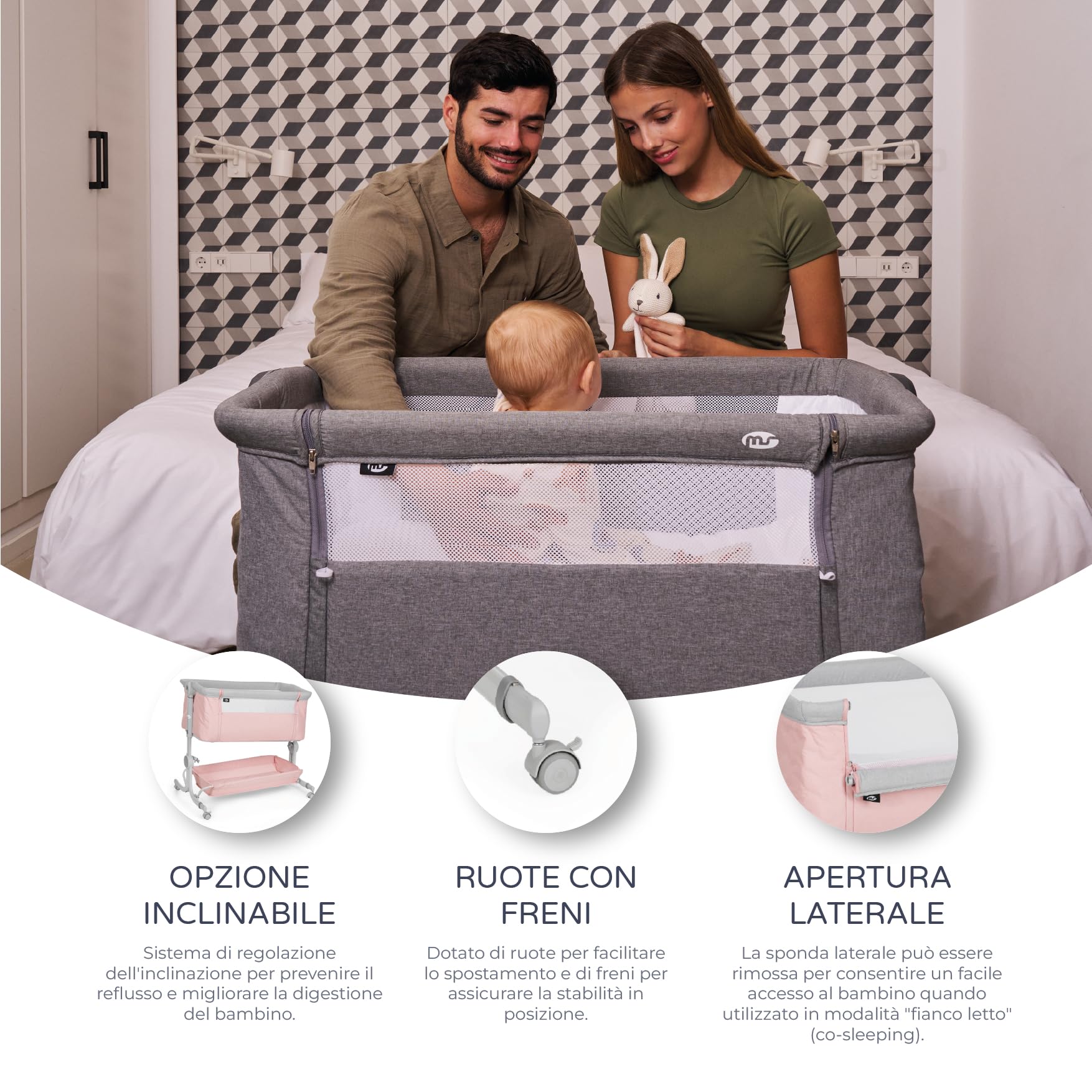 ms BabyWorld Co-sleeping Lettino Comfy - Lettino Co-sleeping Multi-altezza regolabile, reclinabile - Materasso incluso e include zanzariera di serie (Rosa)