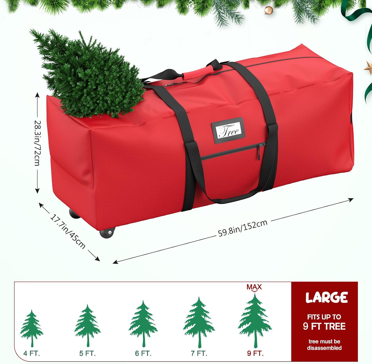 Mrrihand Christmas Tree Storage Bag, 9Ft Large Artificial Anti-Tear Heavy-Duty 600D Oxford Cloth Xmax Christmas Tree Storage Box with Rolling Wheels, Christmas Tree Storage Container (Red, 9Ft)