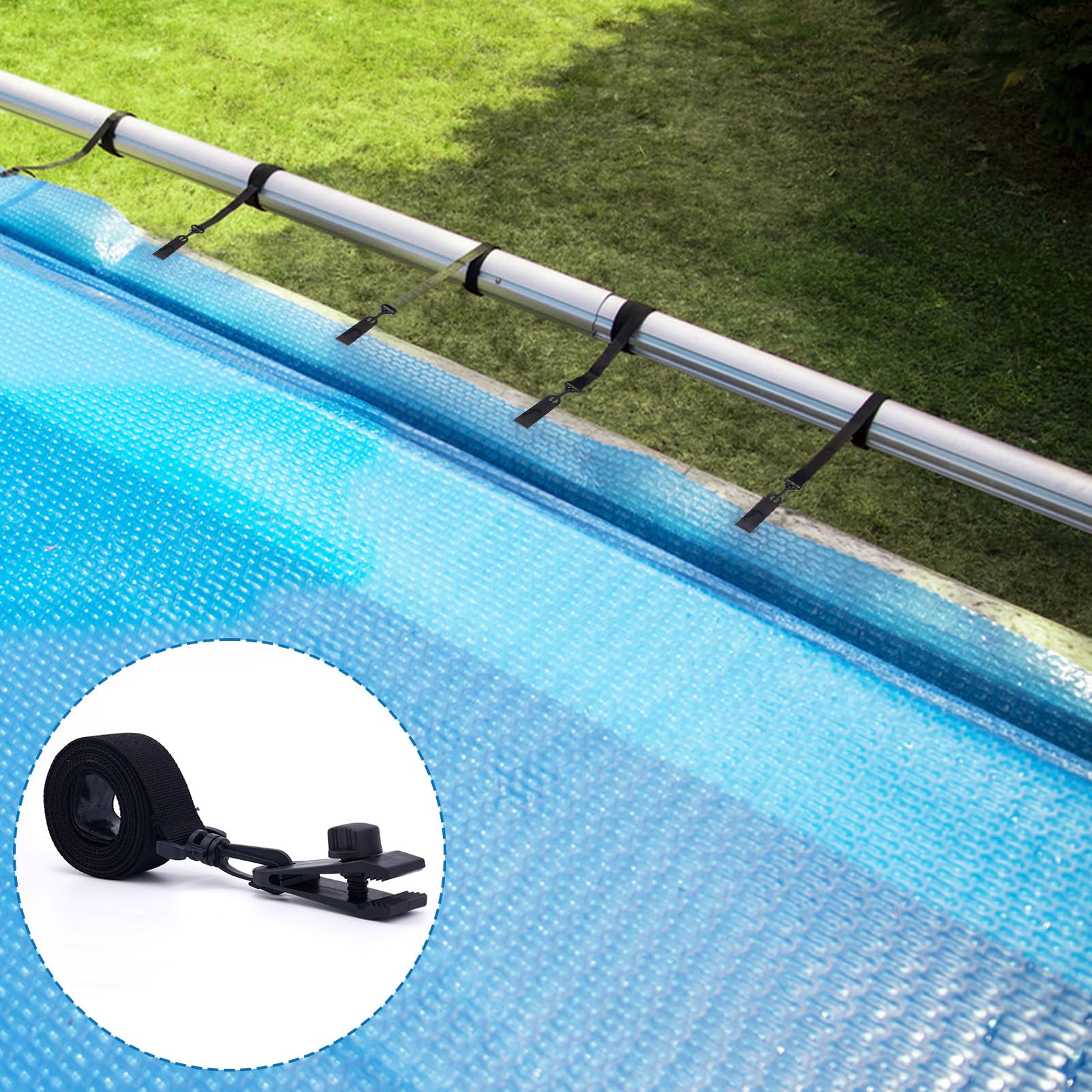 Kit De Fixation Couverture Solaire Piscine BOXOB | 30 Pièces Avec Sangles, Clips Et Fermetures Auto-agrippantes