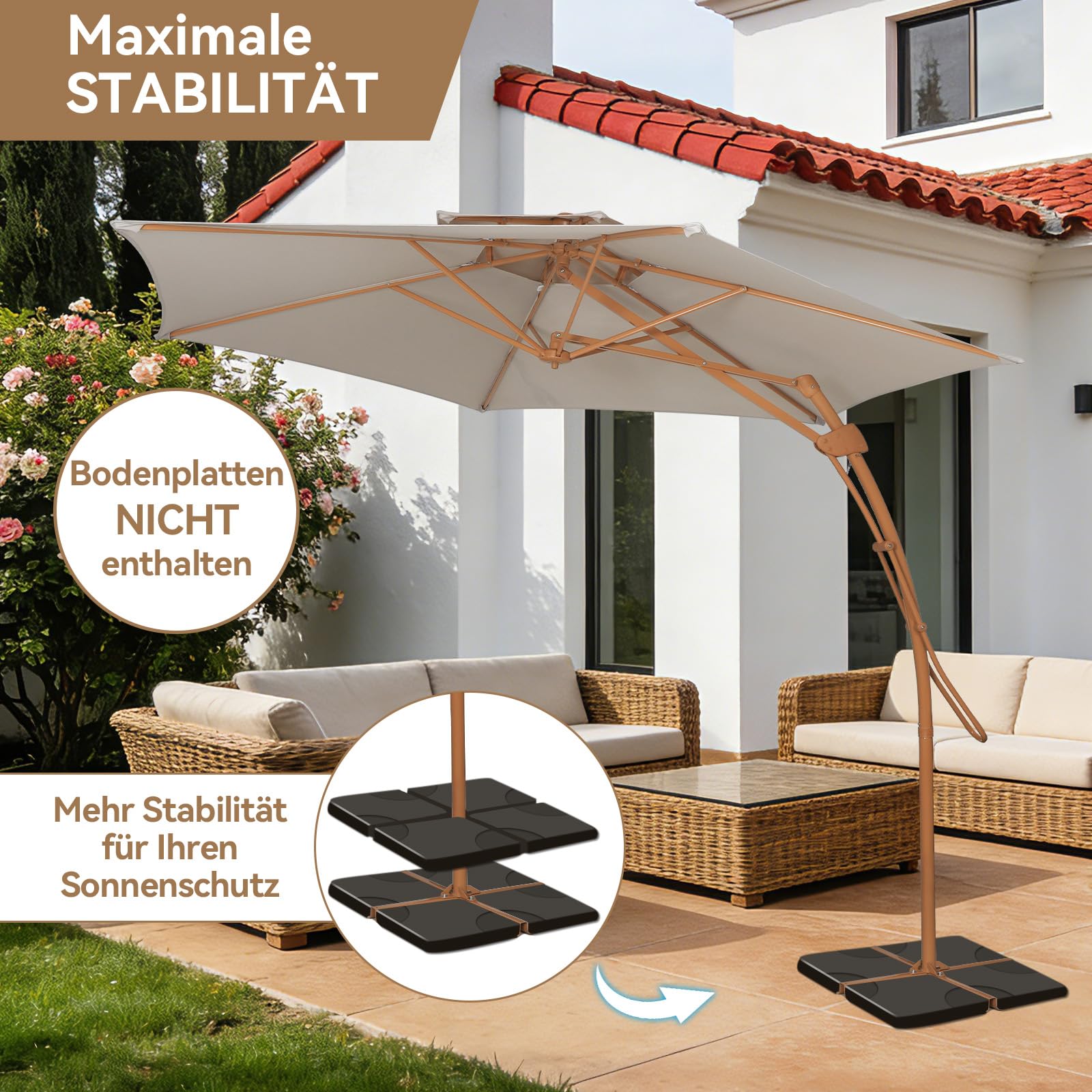Sonnenschirm Balkon 300cm Gartenschirm Ampelschirm mit Kurbel UV-Schutz,Doppel-Top Design,Kurbelschirm mit 6 robusten Streben,für Garten Terrasse Balkon, inkl, Beige
