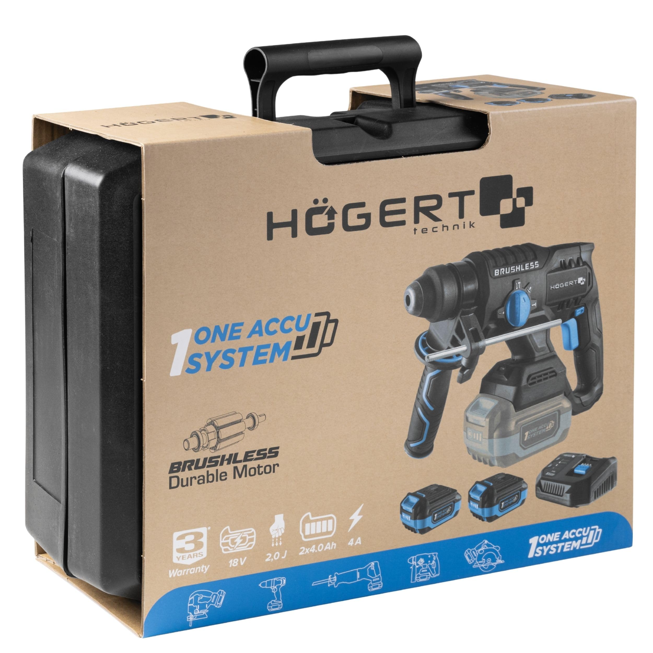 HÖGERT TECHNIK Martillo perforador a batería brushless 18V, 2,0 J, función cincelado, batería 4,0 Ah, cargador 4A, engranaje metálico, LED