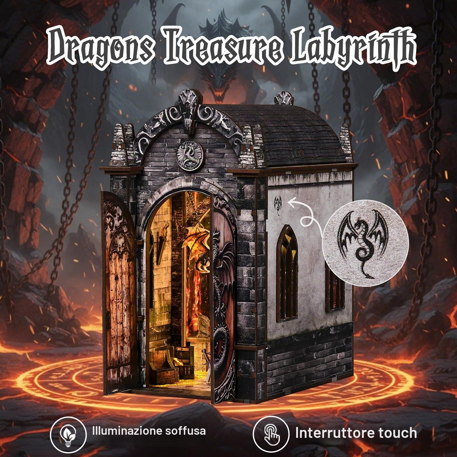 Book Nook Kit per adulti-Labirinto del Tesoro dei Draghi,Puzzle in miniatura 3D fai da te in legno con luci LED,fermalibri in miniatura, decorazione per libreria,Idea Regalo Creativa