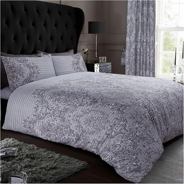 GC GAVENO CAVAILIA Damask Bedding Double Bed Set - Flower Duvet Cover - Comforter Covers With Pillow Cases - Grey