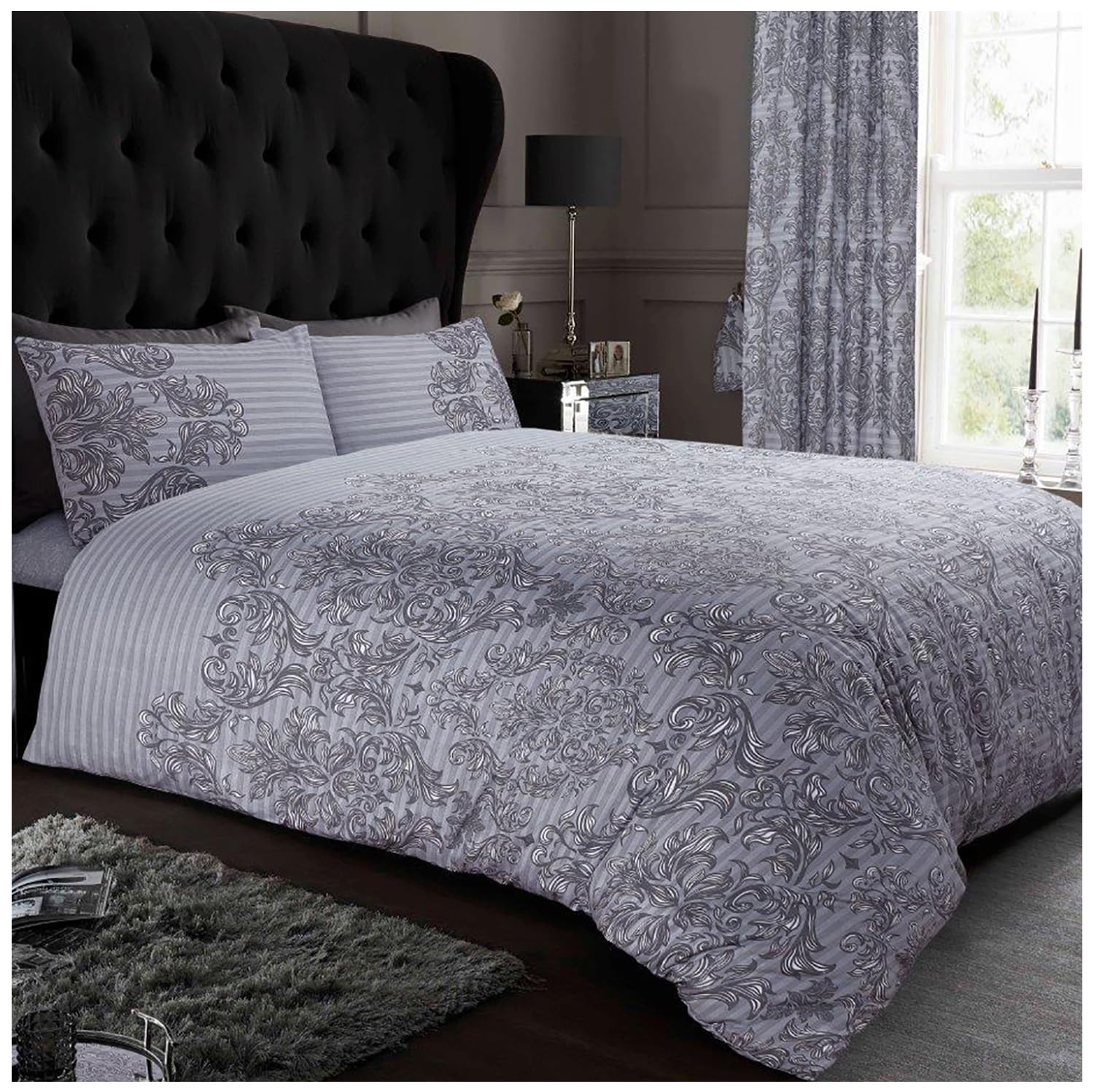 GC GAVENO CAVAILIA Jacquard Bedding Set, Printed Duvet Cover Super King Size Polycotton Damask Quilt Cover, Grey