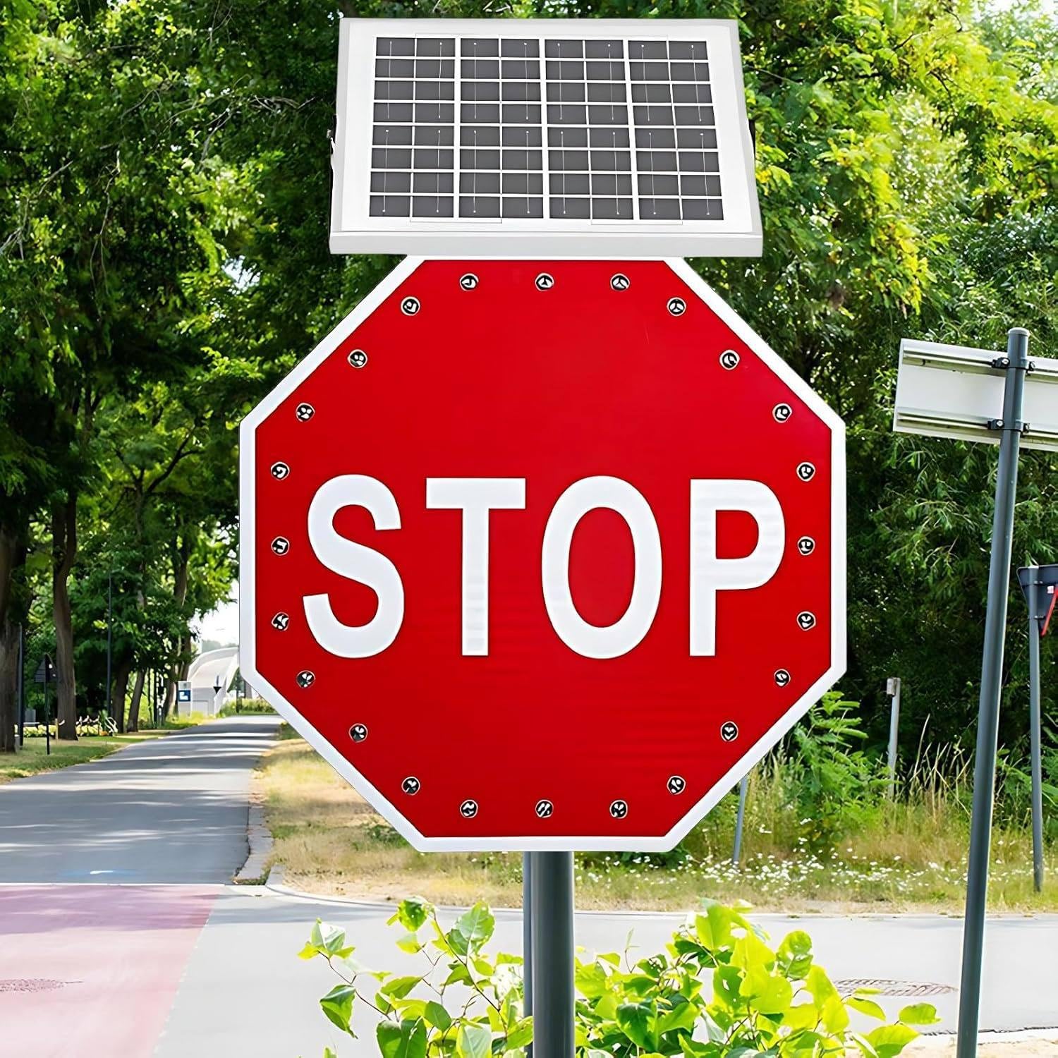 Señal Stop Solar con LED, Cartel Reflectante Intermitente de 60 cm | La carga solar permite 5–7 días de uso tras una carga completa, sin cableado de red ni alimentación externa
