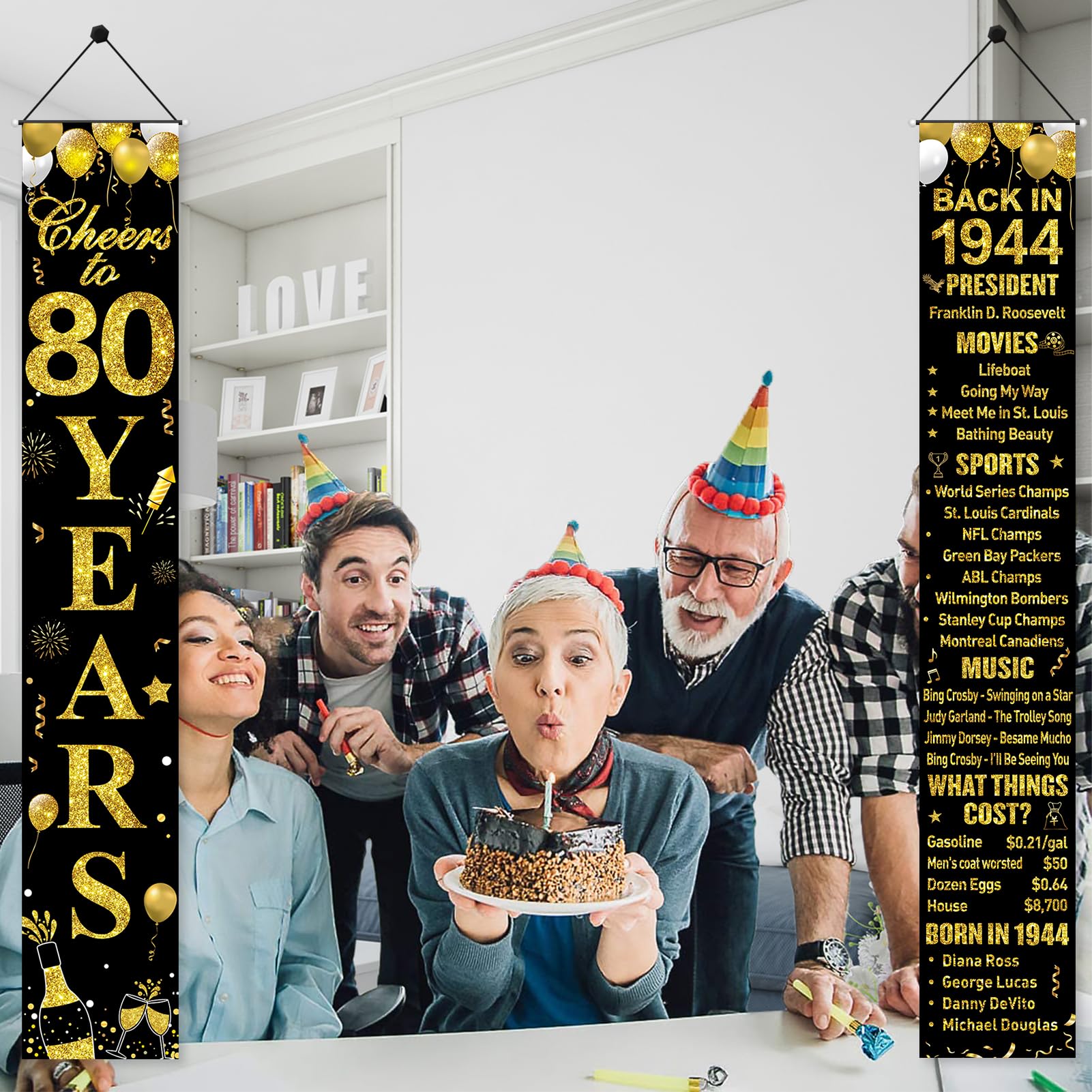 Türbanner Zum 80. Geburtstag – 2-teilig, Schwarz/Rotgold, Aus Polyester, Für Innen & Außen (ca. 185x90 Cm & 250x45 Cm)