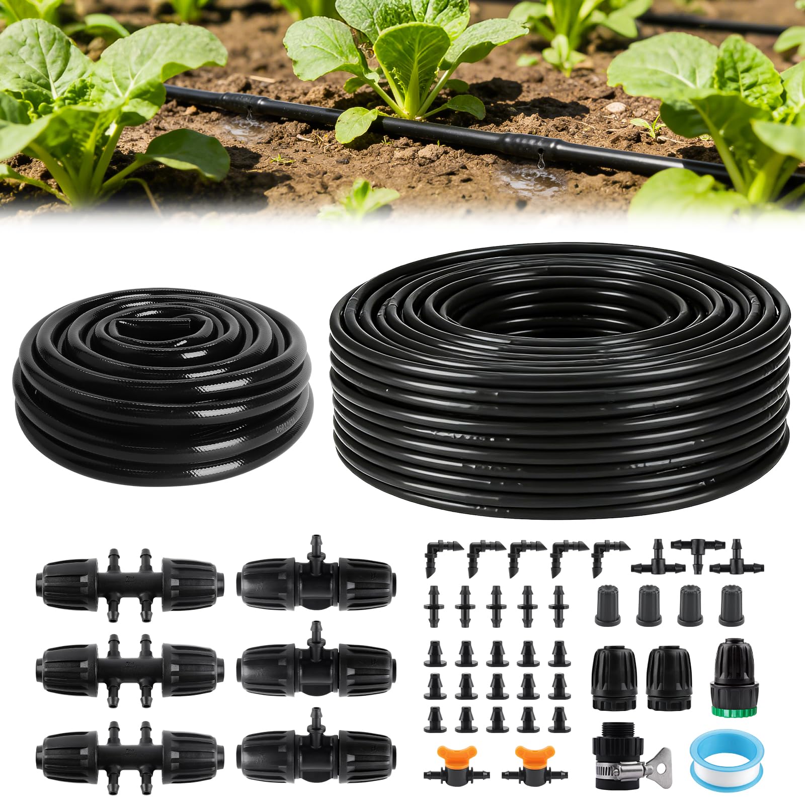 182FT 1/4 Inch Drip Tape Irrigation Kit, Kalolary 1/2" Drip Main Hose & 6" Spacing Roll Dripline Tubing Landscape Garden Hose with Irrigation Fittings Emitter Tubing for Lawn Hydroponics Plant