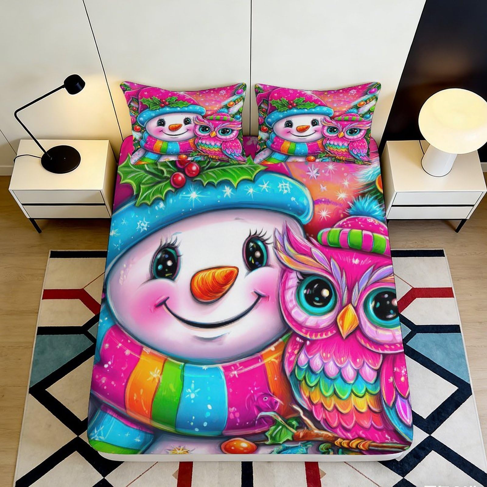 3D Printed Snowman Rainbow Owl Fitted Sheet Microfiber Bright Cartoon Mattress Cover for Bedroom Guest Room Decor 200x200x25cm