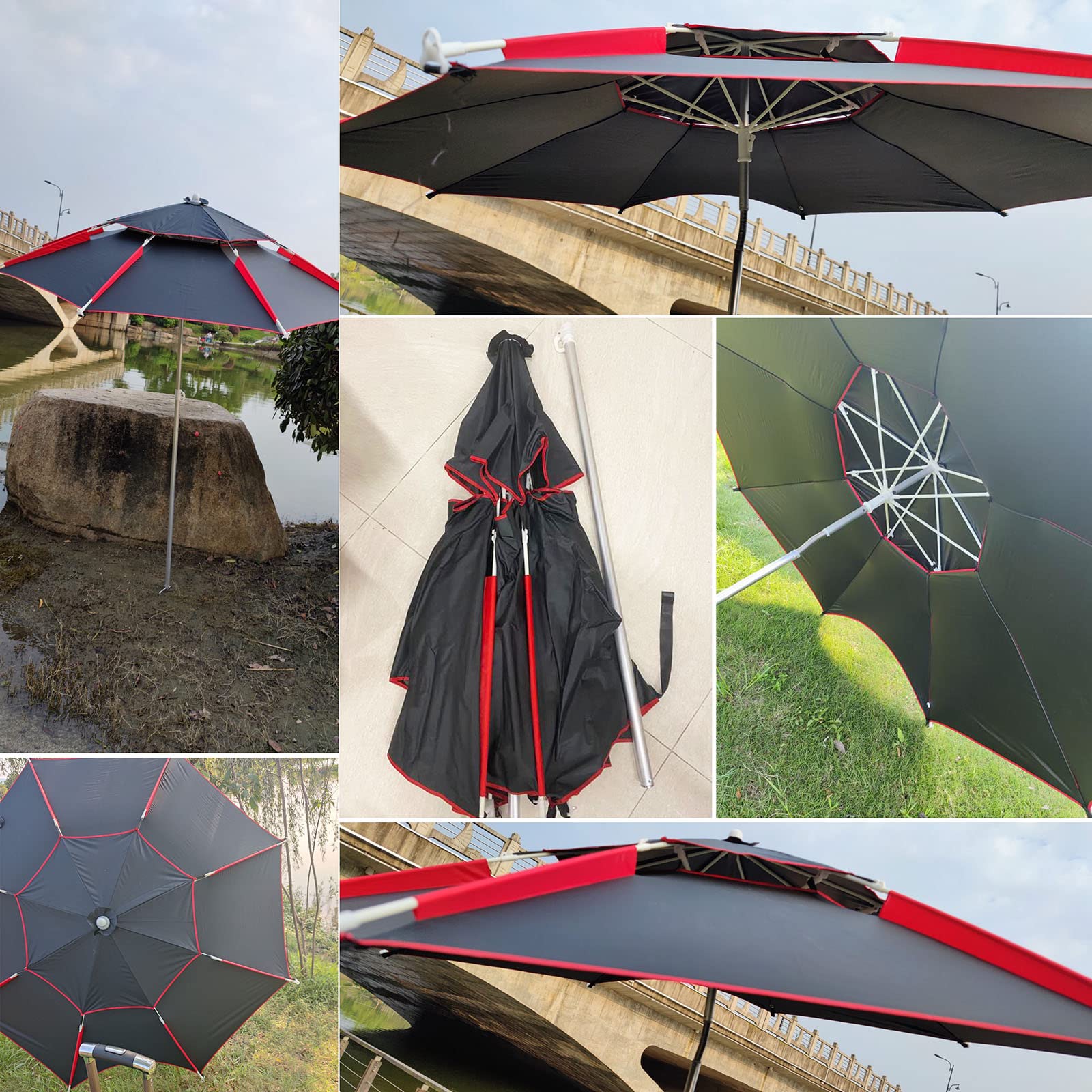 Duży wiatroszczelny składany parasol przeciwsłoneczny na zewnątrz, czarny okrągły wędkarstwo i plaża, dwuwarstwowy top, 16 żeber z włókna szklanego, drążek ze stopu aluminium, regulowany 360° stabilny