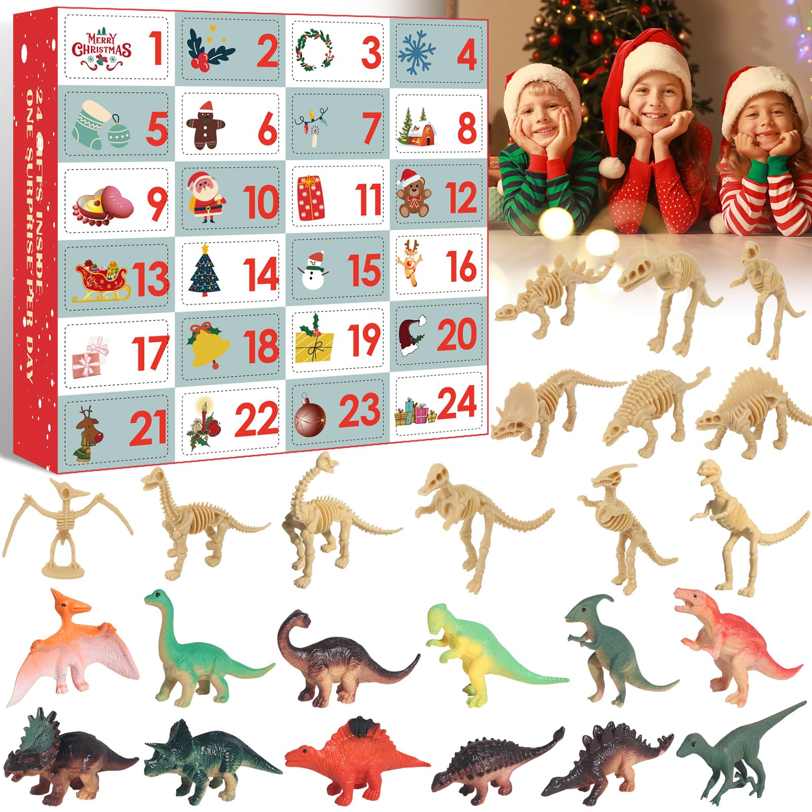 Christmas Dinosaur Advent Calendar 2025 for Kids,24 Days Advent Calendar to Christmas Surprise Dinosaur Toys Set with Different Dino Figures, Surprise Xmas Gifts for 3-8 Boys Girls Toddlers