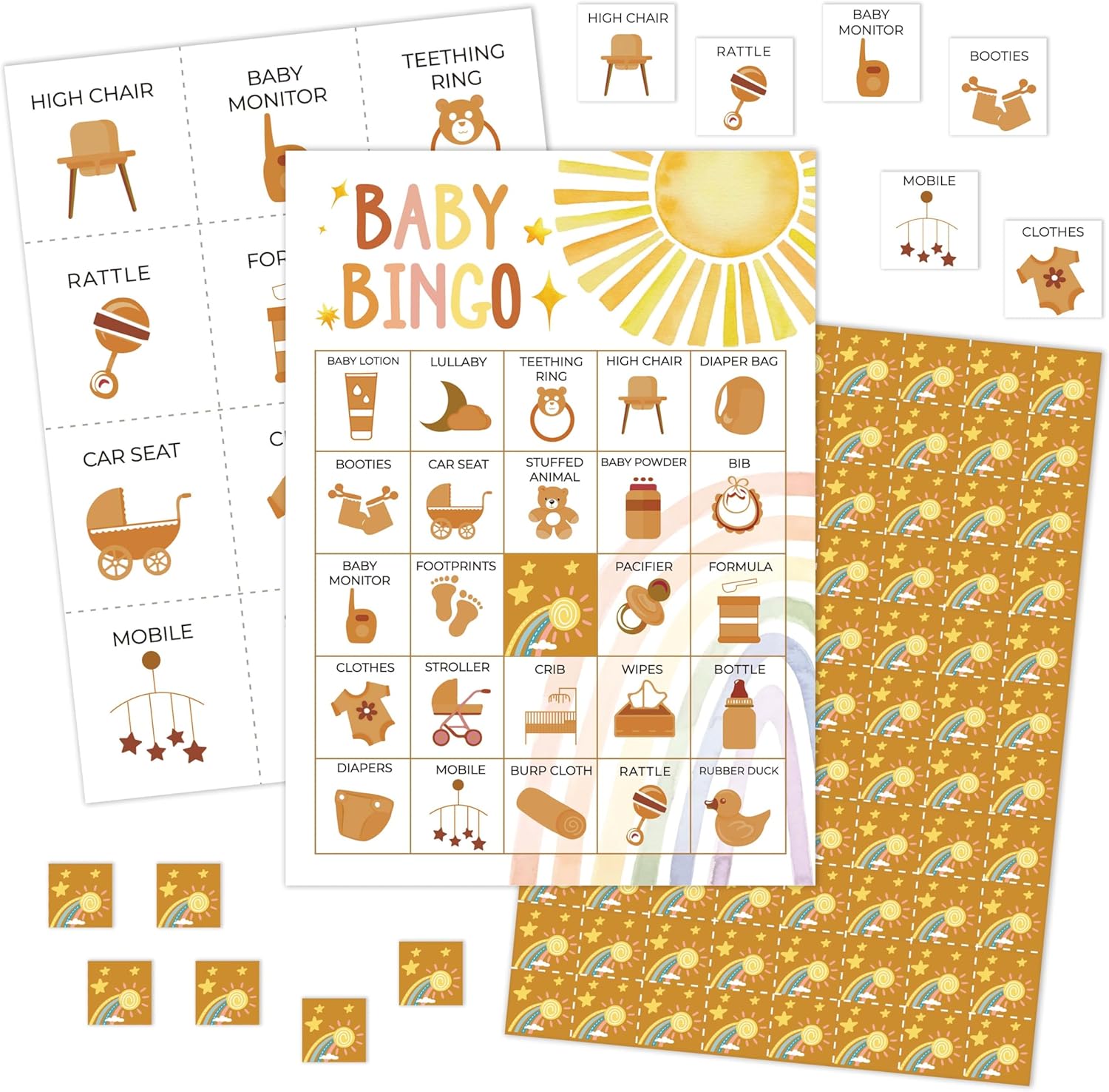 Juego de bingo boho Sun Bingo, suministros de fiesta de baby shower, decoraciones de revelación de género arcoíris – amarillo