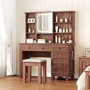 Farmhouse Makeup Vanity Desk,Makeup Vanity with Mirror and Lights & Power Outlet, Makeup Table with 2 Drawers and Cushioned Stool, Dressing Table with Glass Top for Bedroom Dressing Room (Retro Brown)