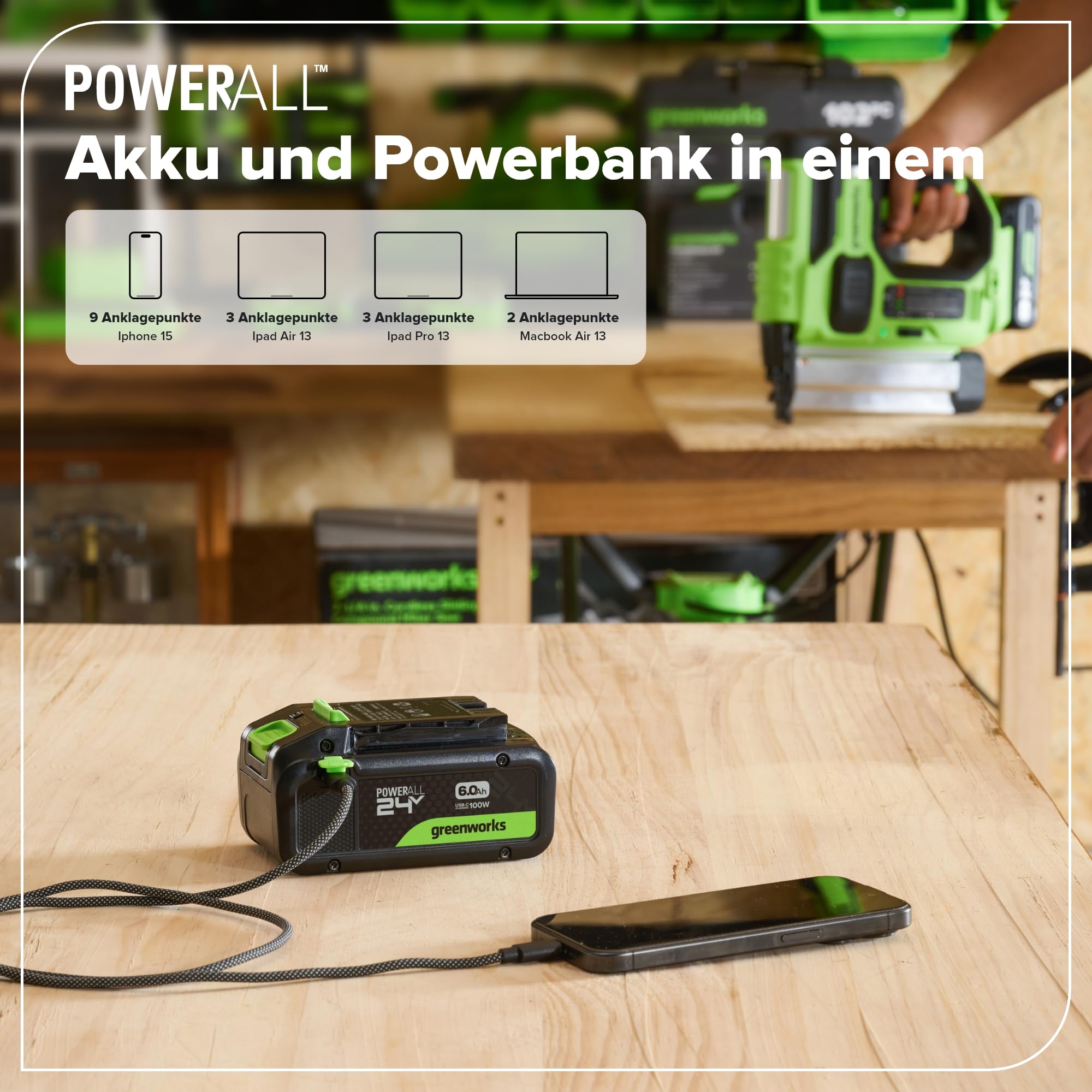 Greenworks 24V 6Ah Akku High Power USB-C (Li-Ion 24V 6,0 Ah wiederaufladbarer leistungsstarker Akku passend für alle 200+ Greenworks 24V Geräte), 2 Jahre Garantie - PA600