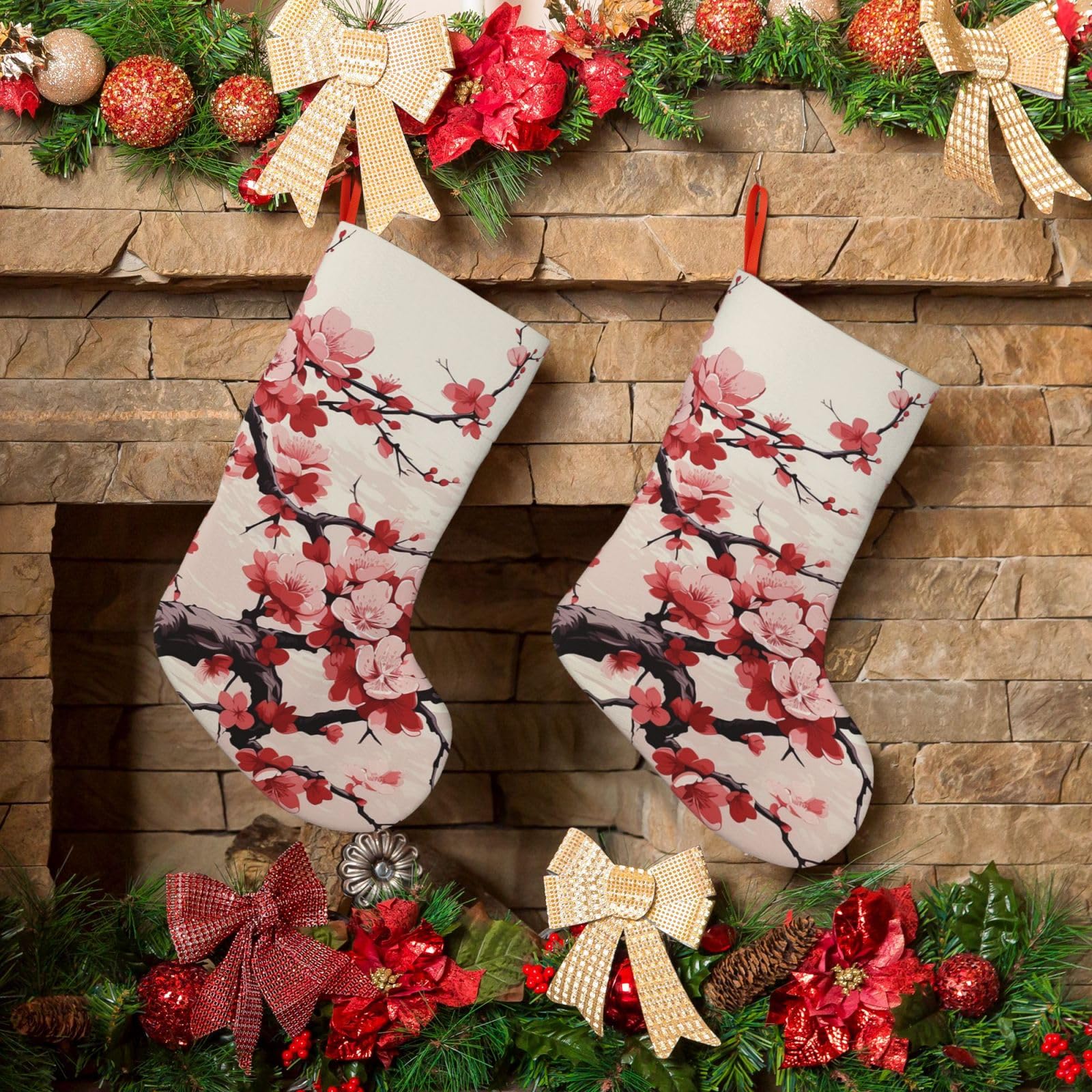 KLOPH Christmas Stockings 18" Personalized Xmas Stocking Japanese Floral Cherry Blossom Decoration Stocking Hanging Fireplace Stocking for Holiday Xmas Tree Christmas Fireplace Decor