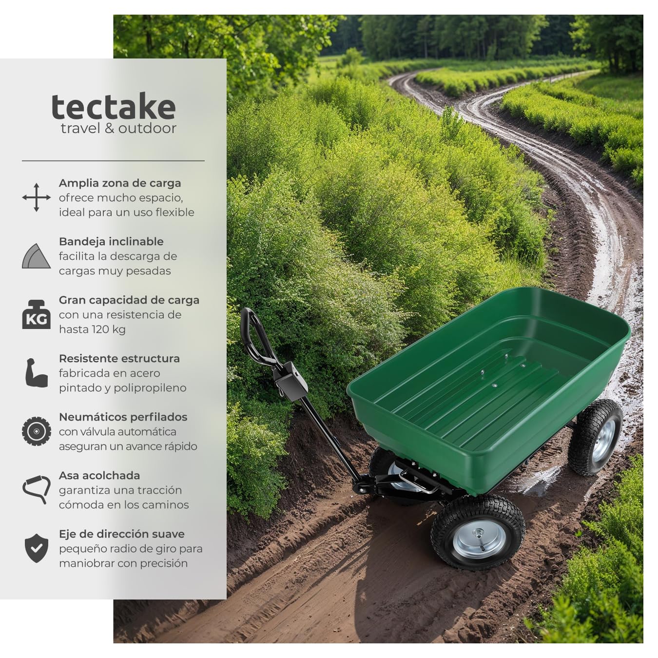 tectake® Carro de Jardin con Ruedas Neumáticas, Carretilla de Mano para Herramientas y Jardinería, Carrito de Transporte Resistente para Distintos Usos - 107 x 58 x 60,5 cm 300 Kilos de Carga