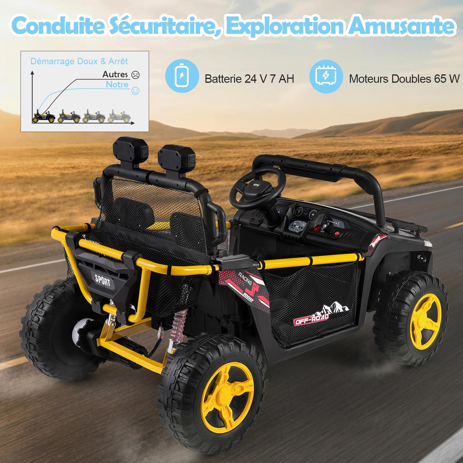 COSTWAY 24V Voiture Électrique Enfant 2 Places avec Télécommande 2,4G, Buggy Électrique Enfant avec Musique Klaxon Lumières LED, Démarrage Progressif, 3,5-6,5 km/h, Charge 40kg pour 3-7 Ans (Noir)