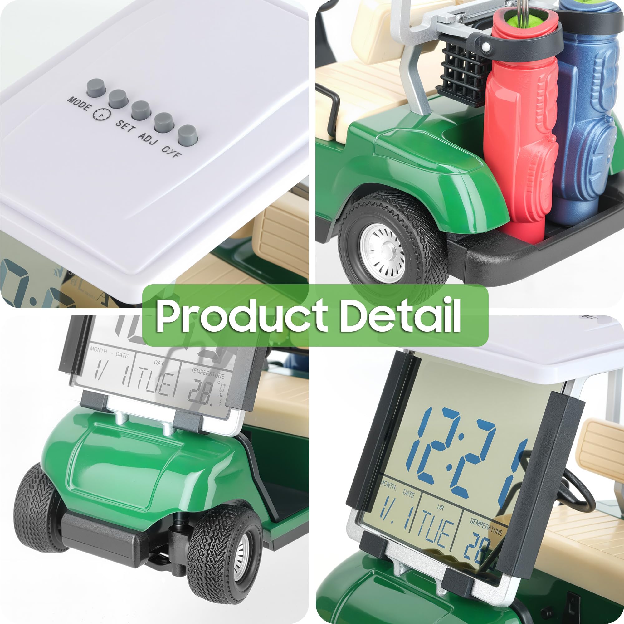 10L0L Mini reloj despertador para carrito de golf, pantalla LCD, calendario, regalos de golf para hombres, fanáticos, golfistas, recuerdo de carreras superiores, novedad (verde)