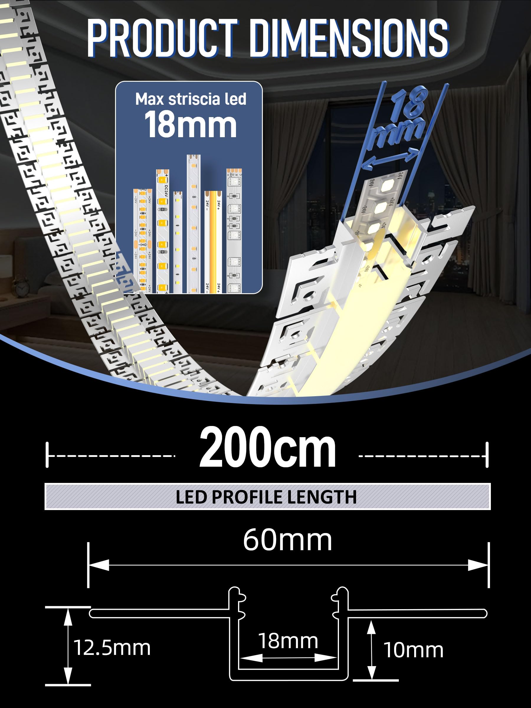 6 x elastyczny profil LED do suchej zabudowy 2 m – giętki aluminiowy profil montażowy do taśm LED do 18 mm, profil podtynkowy do sufitów i ścian, kreatywne krzywe, koła i kształty S
