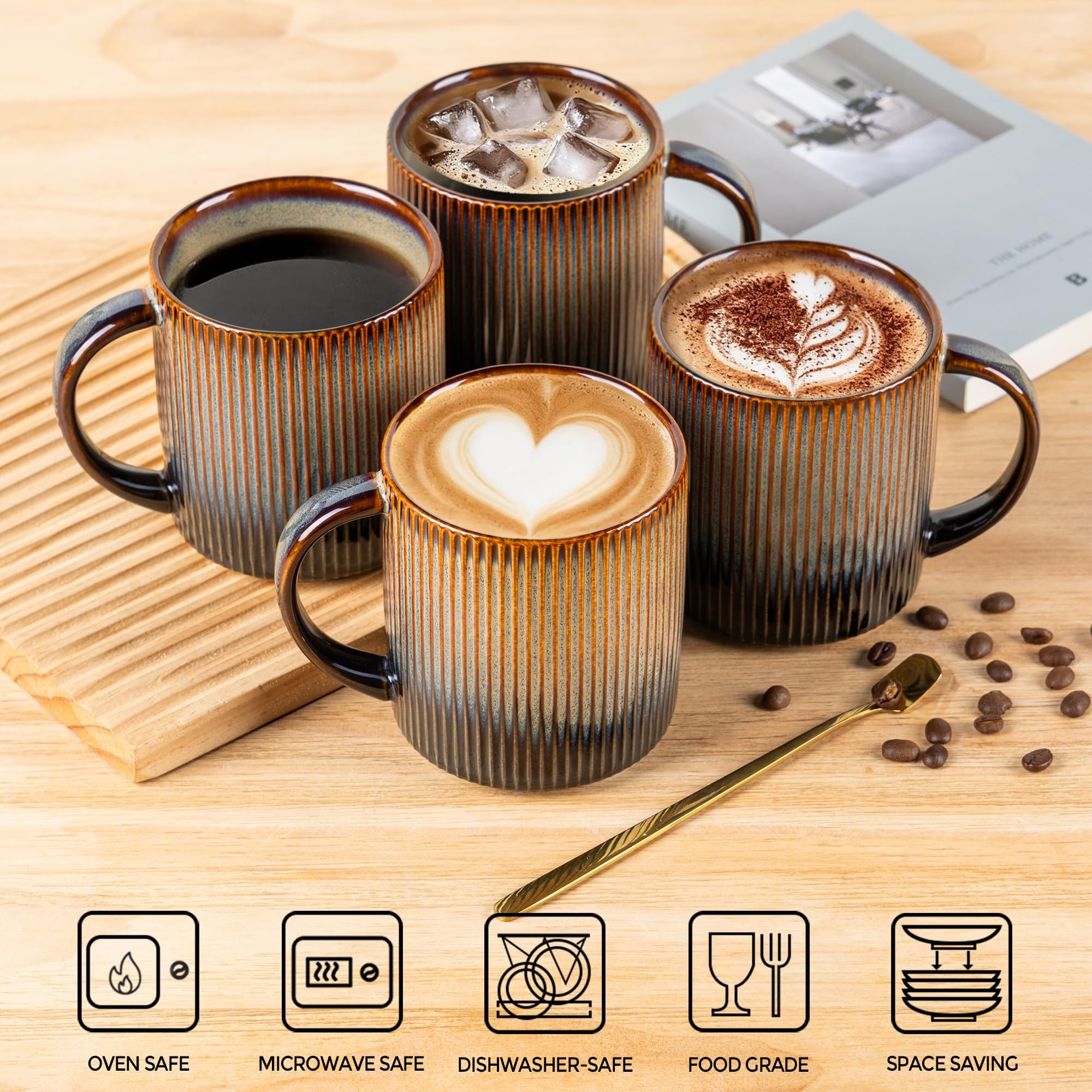 theterra Kaffeetassen Set 6er, 420 ml Steingut Tassen Set mit Henkel