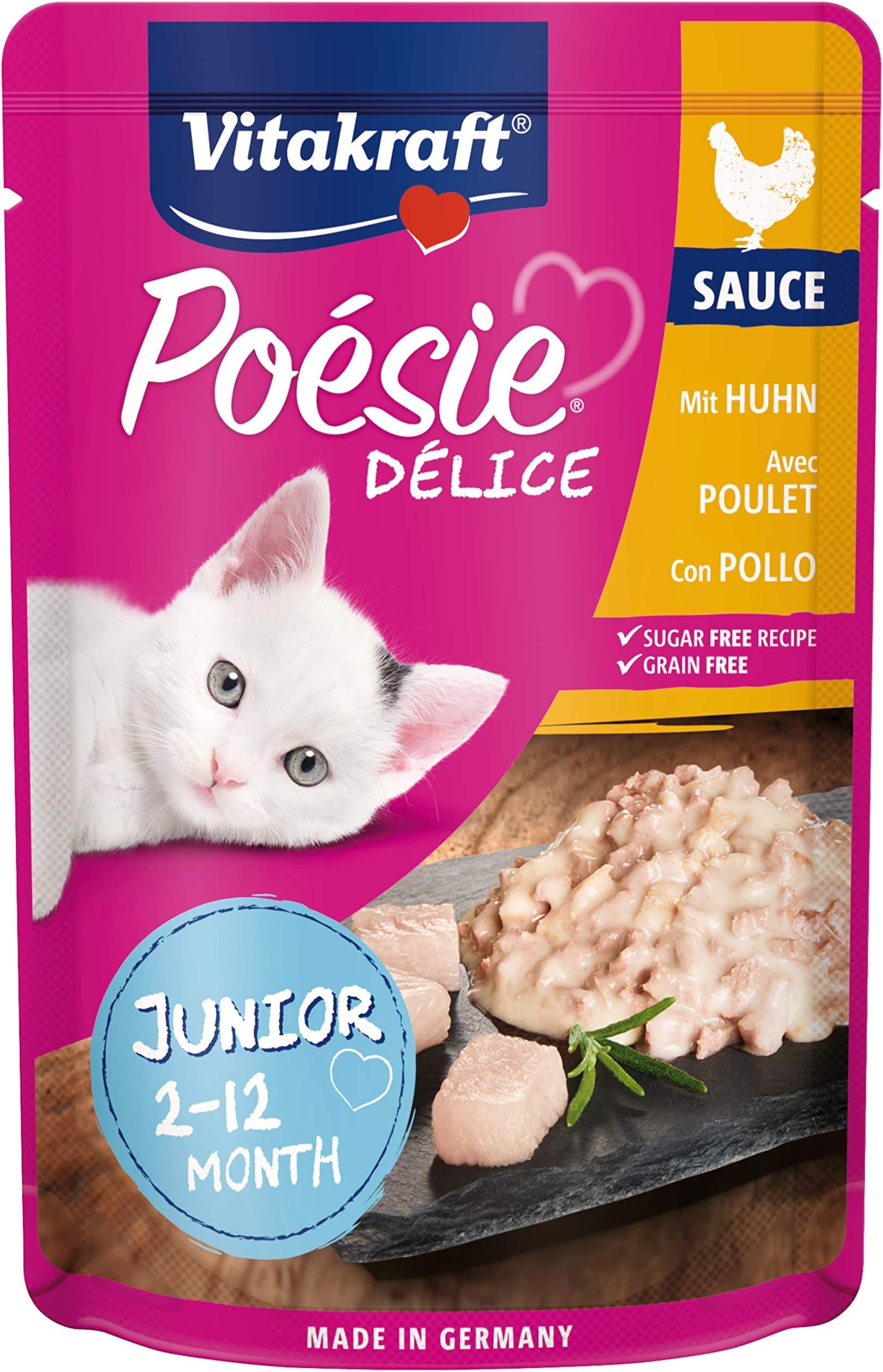 Vitakraft Poésie Délice, Junior, Comida húmeda para Gatos, alimento con Filete de Pollo en Salsa, para Gatos jóvenes, nutricionalmente equilibrada, sin azúcares añadidos ni Cereales (1x 85g)