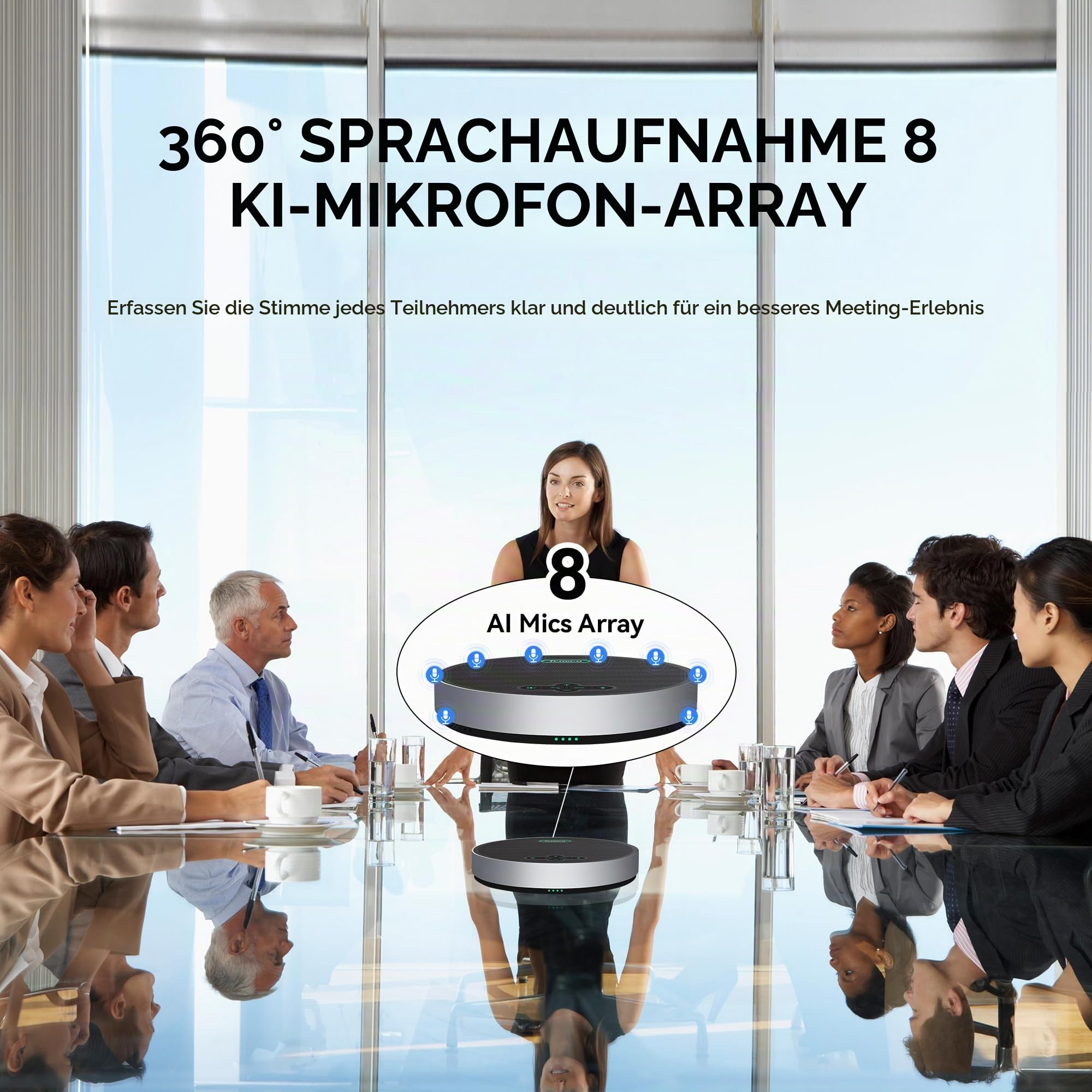Tenveo M5B-W MagiCallpro Konferenzlautsprecher mit 8 AI-Mikrofonen, 360°-Raumerfassung, 18h Akku. Kompatibel mit Zoom, Teams UVM. Ideal für 12-15 Personen.