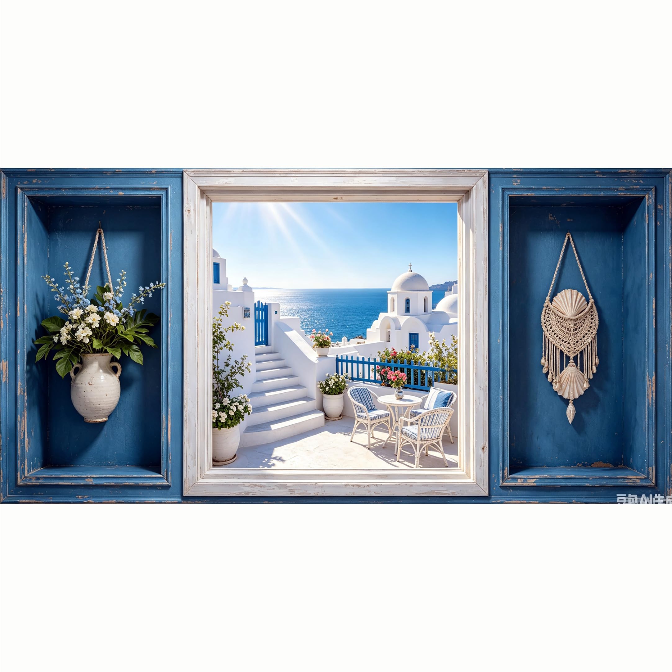 QZLITHOTIC 50x100cm 3D Framed Wall Art， Coastal Mediterranean Aegean Sea Town Terrace Self‑Adhesive Mural， Water‑Activated Peel & Stick Fabric Decor Wall Decal for Bedroom Living Room