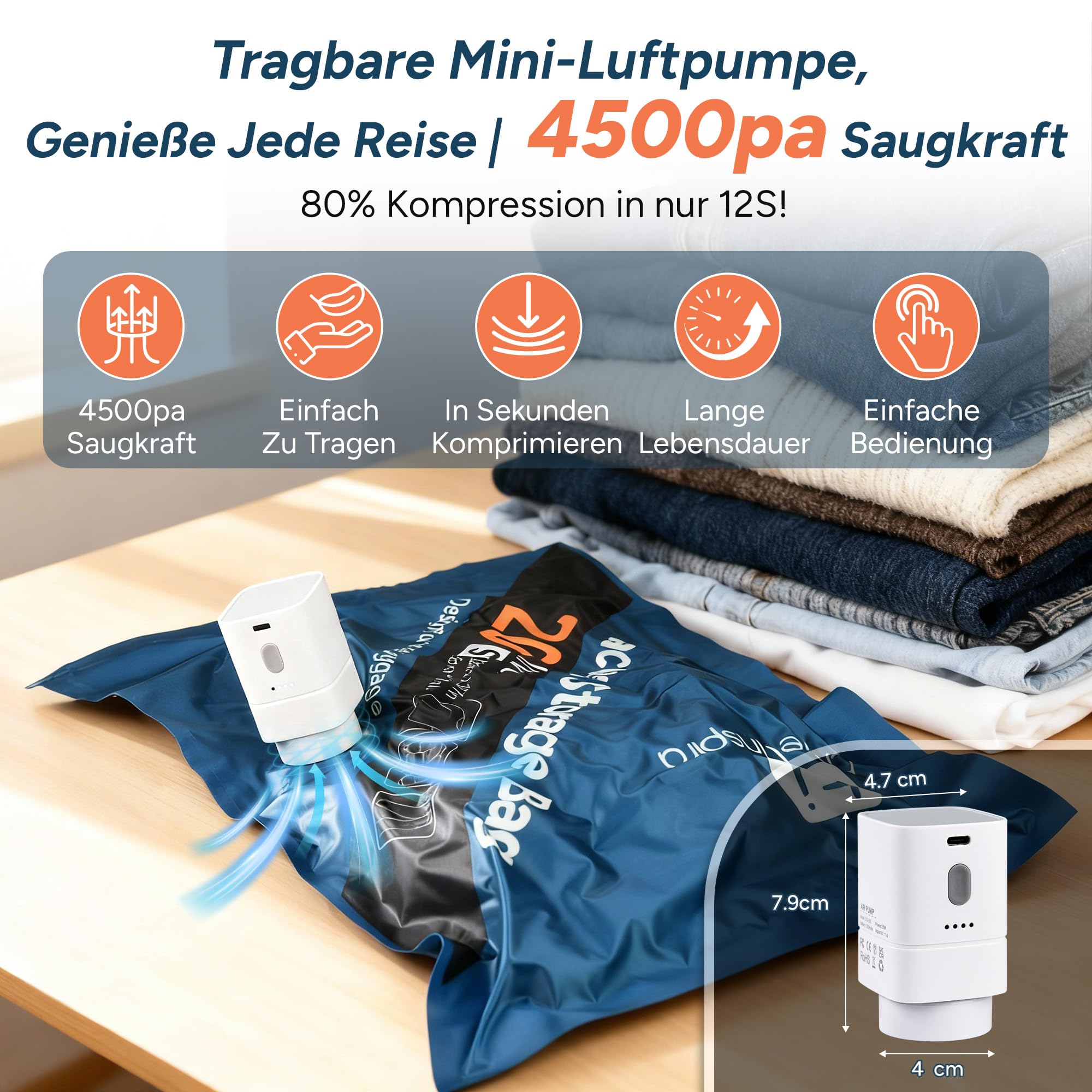 travel inspira 9x Vakuumbeutel für Kleidung mit Kabelloser Pumpe(3S+3M+3L) | Oxford 80% Platzsparend & Wiederverwendbar USB-C Aufladbare Pumpe 4500 Pa Vielseitig Doppelreißverschluss Für Koffer 20"-34"