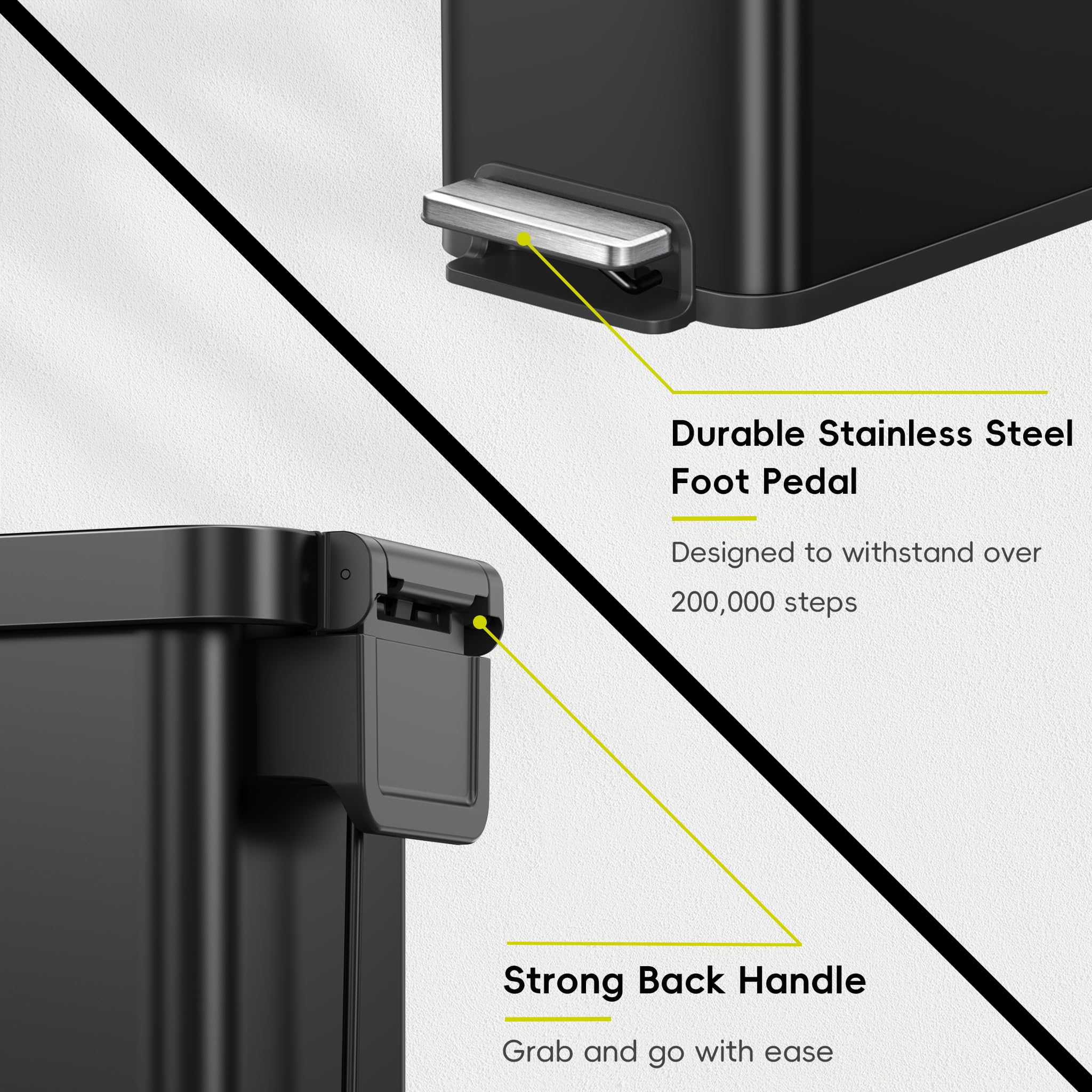 EKO Hudson Slim 50L Küchenabfalleimer mit Deckel, Edelstahl-Stufen-Mülleimer für Küche oder Zuhause, platzsparender Mülleimer mit Absenkautomatik, bleibt offen, Linerring, Mattschwarz