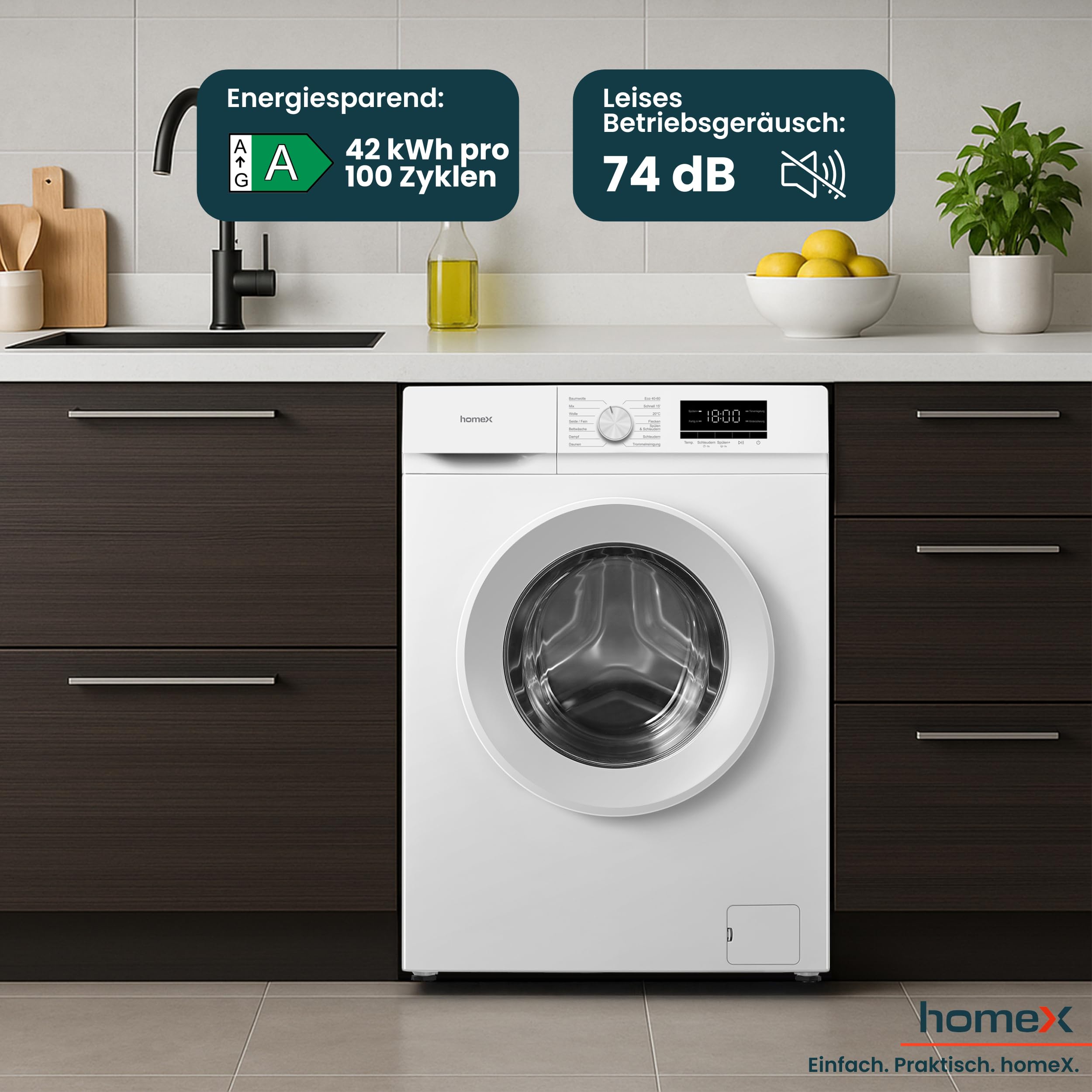 homeX Waschmaschine 6kg Frontlader 1000 U/Min Energieklasse A AquaStop Inverter Motor 14 Programme 74 dB 39 cm Tiefe 90°C weiß WF610K1A-W