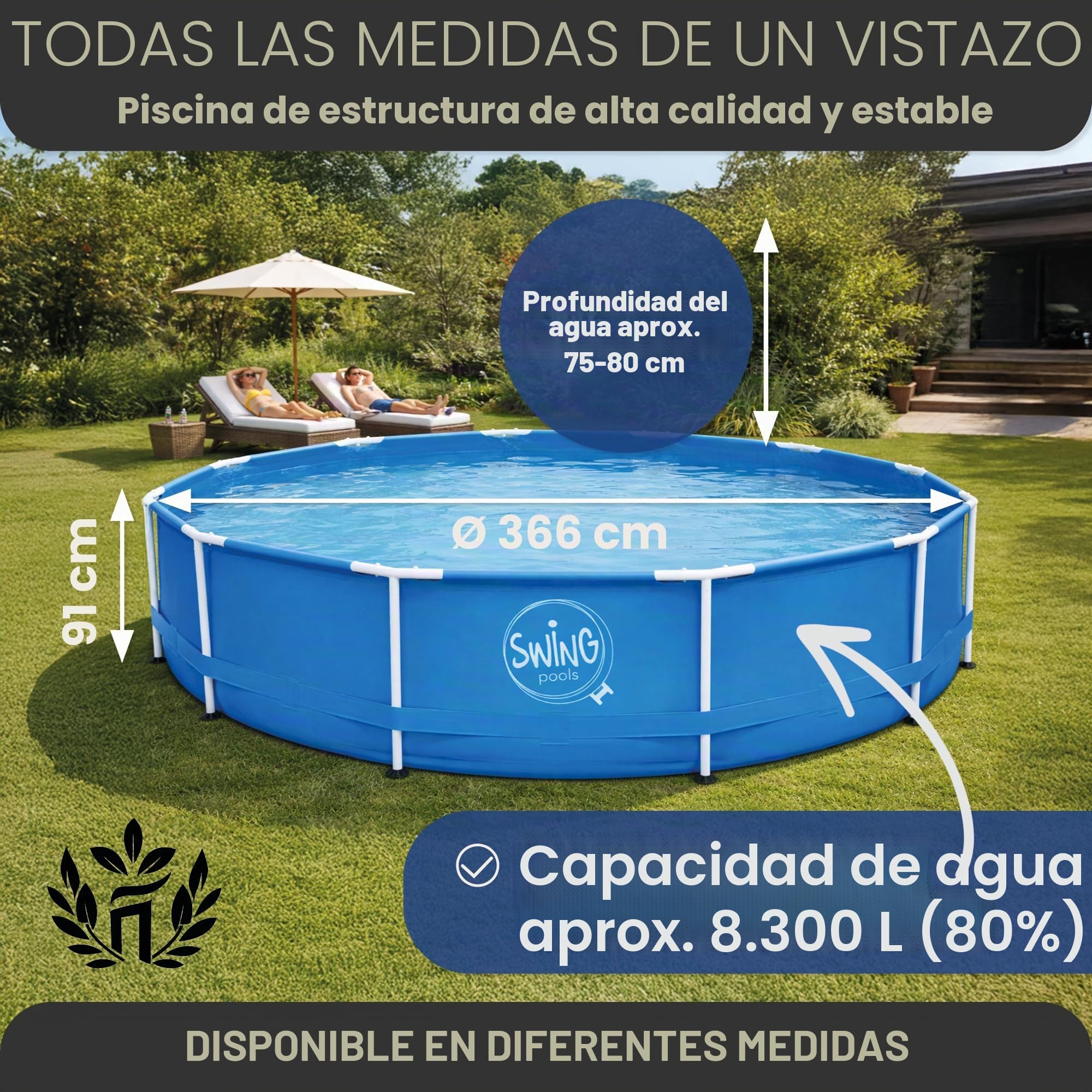 HAF - Piscina redonda con marco oscilante gris con aspecto de ratán (366 cm de diámetro, 91 cm de profundidad) - Piscina de jardín con 8.300 litros - Robusta, resistente a los rayos UV y resistente a