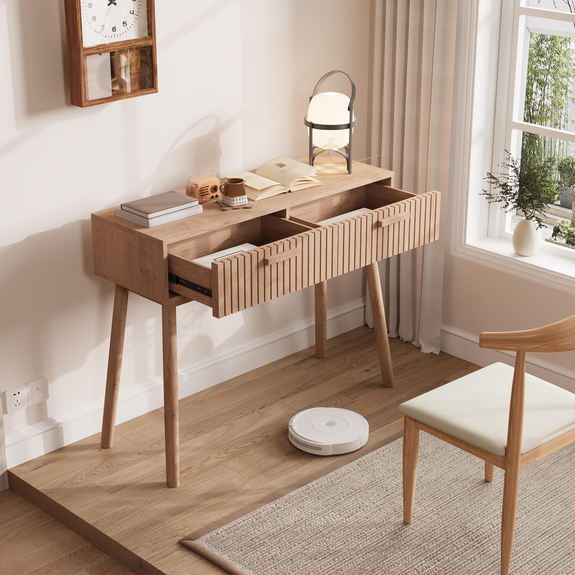 Tavolo Consolle Con 2 Cassetti, Tavolino Stretto per Ingresso, Mobile Accento in Legno per Corridoio, Soggiorno, Camera Da Letto, Naturale