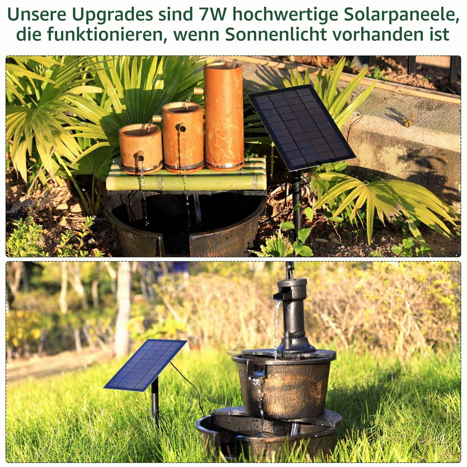 AMZtime 7W Solar Springbrunnen für Außen mit 1,5M Wasserleitung und Pfahl