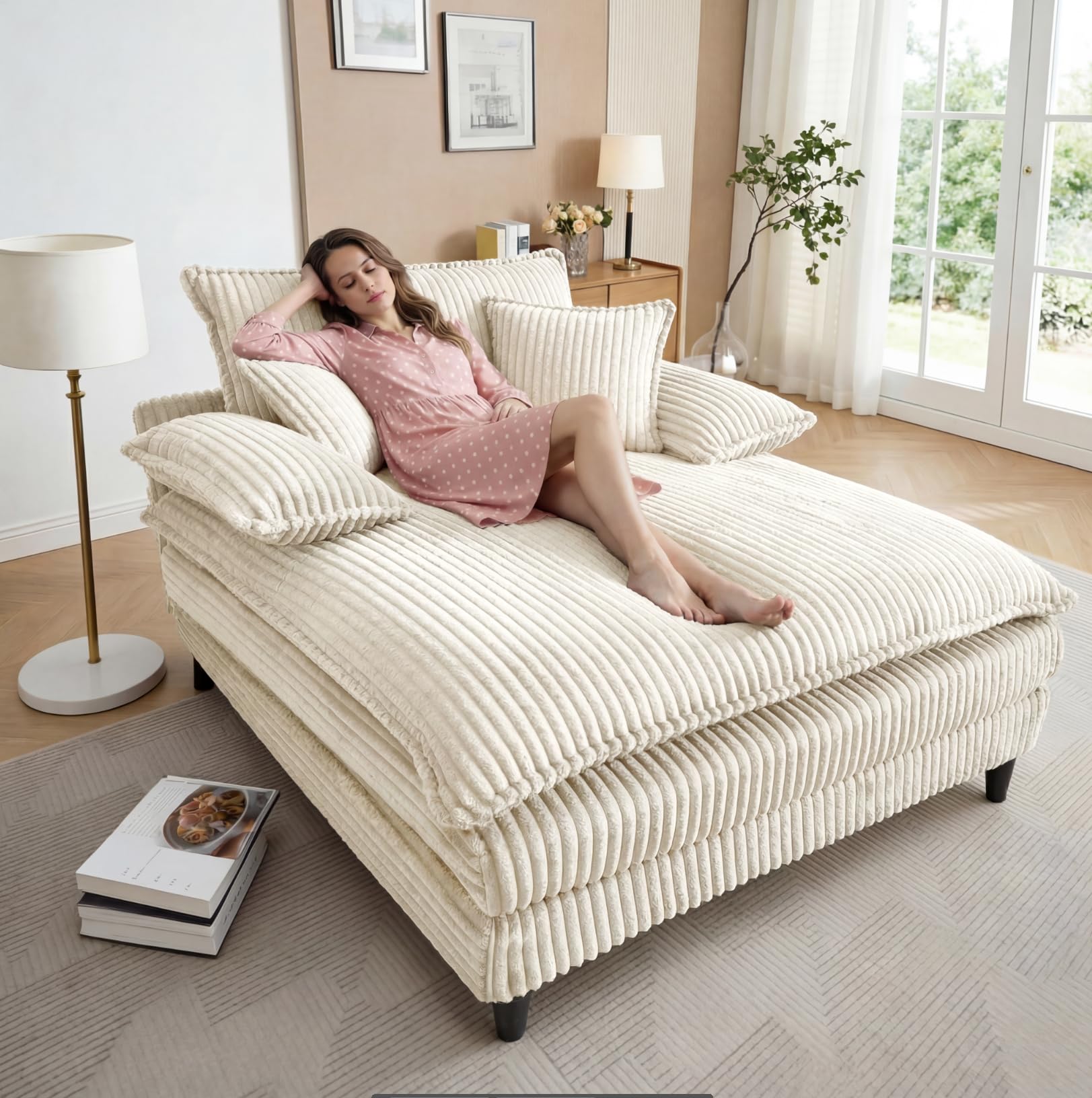 Oversized Chaise Lounge Chair Indoor with 5-Position Adjustable Backrest, 54.8" Upholstered Corduroy Deep Seat Single Cloud Sofa Chair, Fluffy Modern Sleeper Couch Bed for Living Room, Beige White