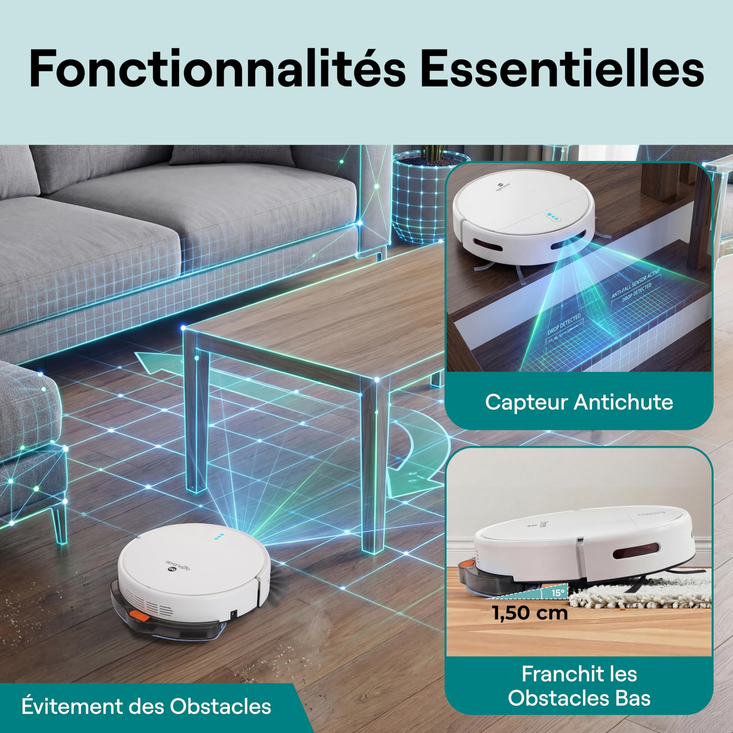 SereneLife Robot Aspirateur Laveur 3-in-1 – Auto-Recharge, Anti-Chute, Nettoyage Automatique, Robot Laveur pour Sols Durs, Tapis et Poils Animaux, 3 Modes, Blanc