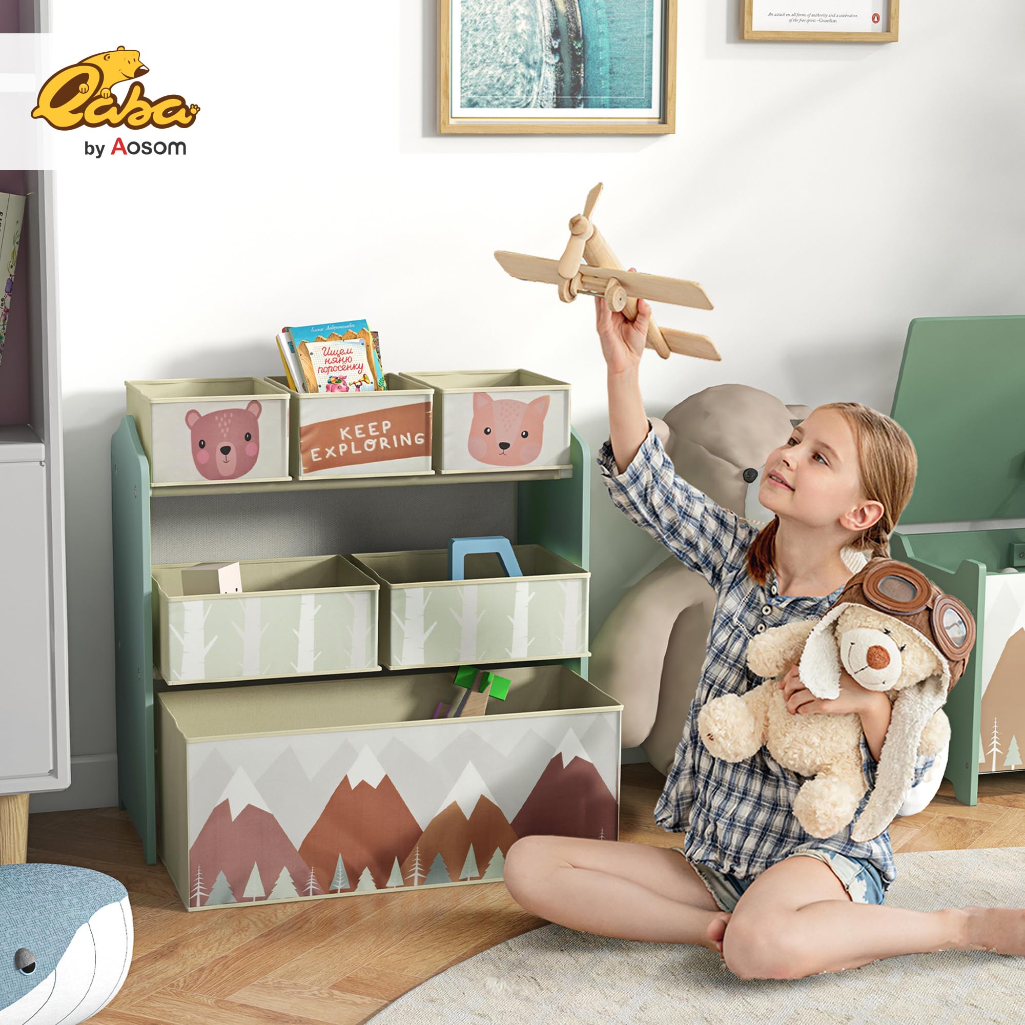 Qaba Spielzeug-Organizer mit 6 Aufbewahrungsbehältern, Kinder-Aufbewahrungseinheit für Schlafzimmer, Kinderzimmer, 63,5 x 30,5 x 66 cm, Grün