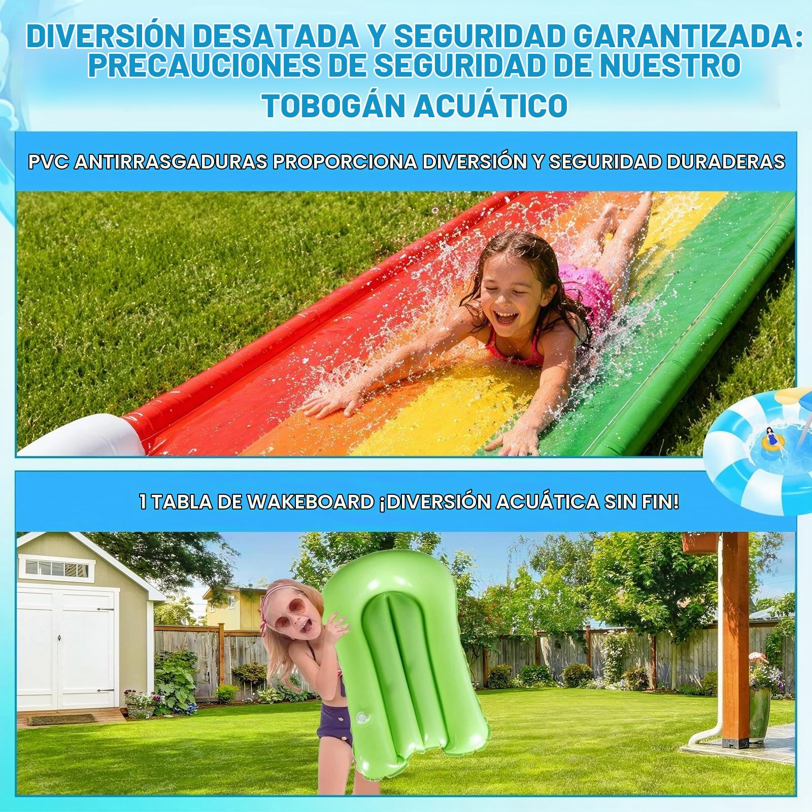 Tobogán de Agua,Tobogán Acuático para Césped,Deslizador de Agua para Niños | Pista Deslizante Agua con Bodyboard y Rociador Incorporado,Juguetes de Verano de Exterior,Jardín y Playa para Niños Adultos