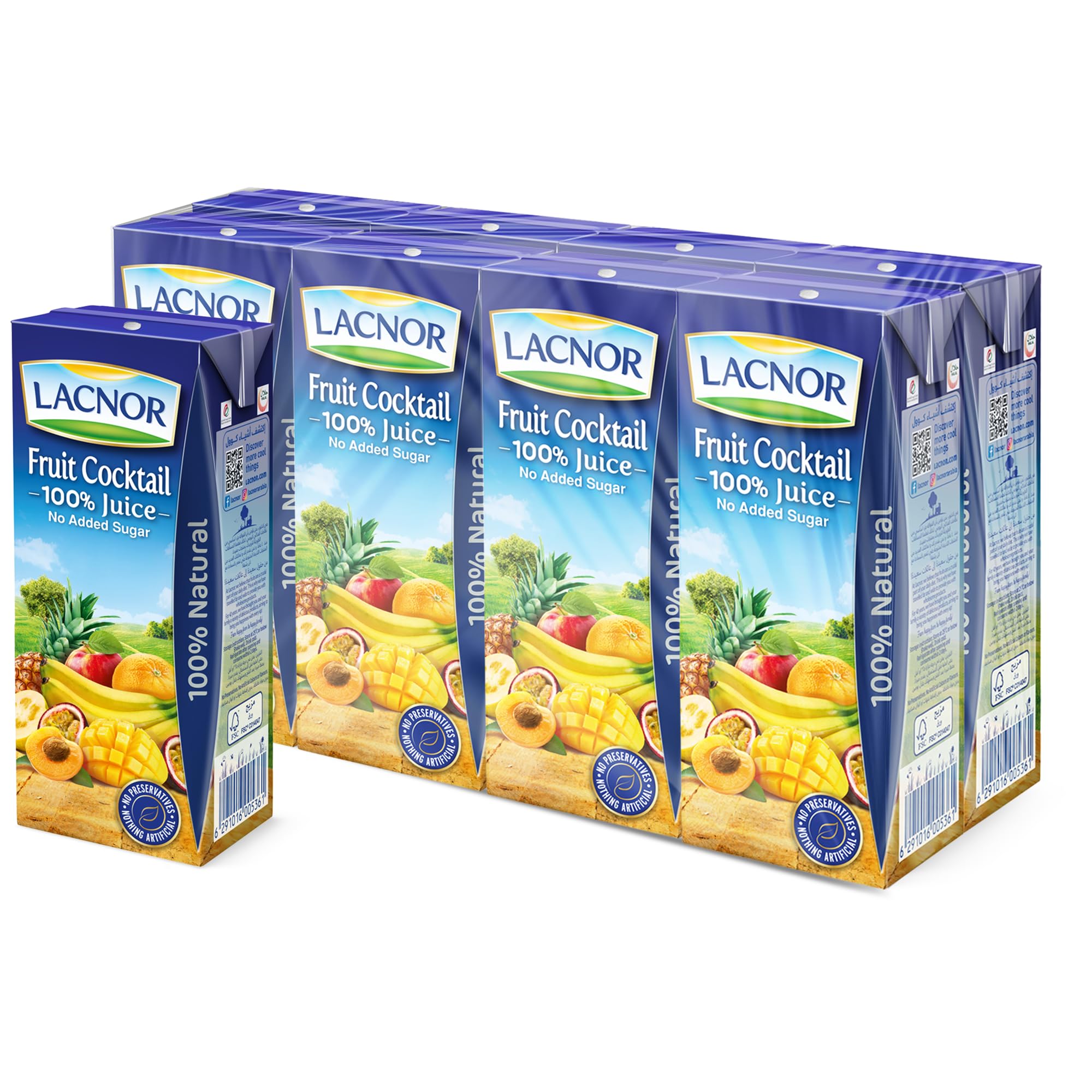 Lacnor Essentails Fruit Cocktail 100% Juice, No Added Sugar, No Preservative, 180ML Pack of 8