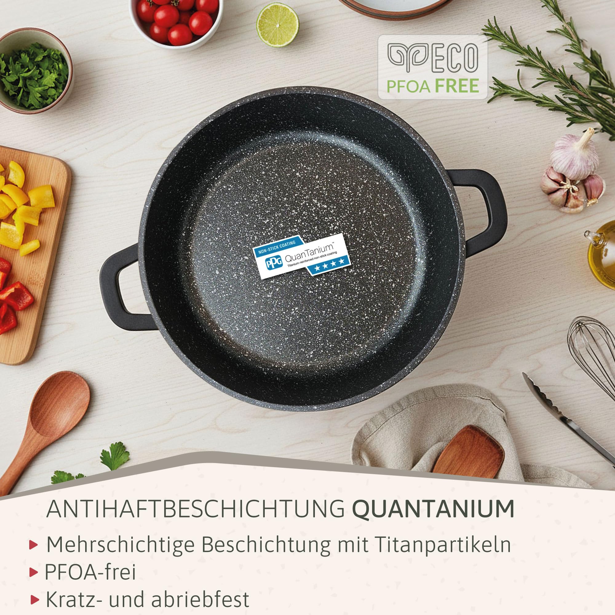 briebe Black Titanium Kochtopf für die Küche, Induktion, Antihaftbeschichtung, Titan, 24 cm, Aluminiumguss, Beschichtung ohne PFOA, Glasdeckel, Silikongriffe, Glaskeramik, Gas, Ofen