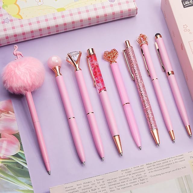 WEMATE 8Pcs Pink Ballpoint Pens Set Pen Bling for Women,Girly Pens,Black & Blue Ink Ball Point Pen Gifts for Wedding Bridesmaid Office (Pink)