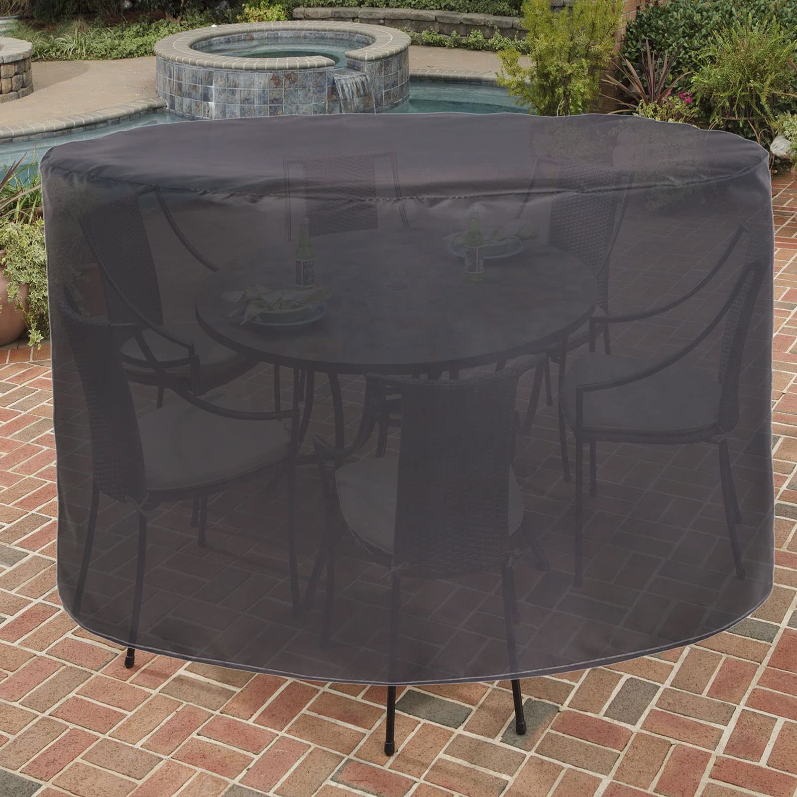 Copertura Tavolo Esterno Rotonda 190x90cm, Copertura per Mobili da Giardino Impermeabile, 420D Oxford Stoffa Copertura Protettive per Mobili da Giardino Impermeabile Anti Vento Sole