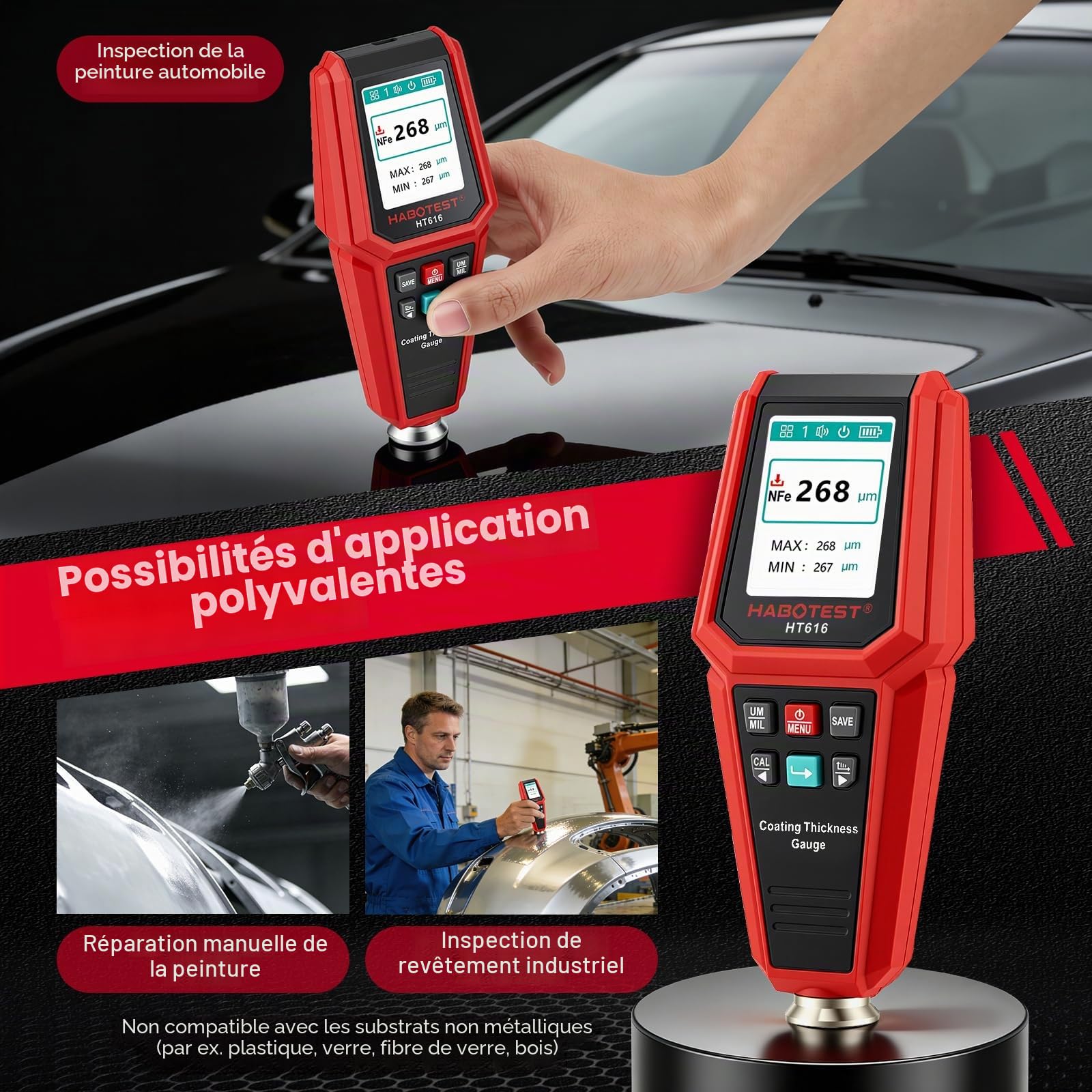 Jauge d‘Épaisseur de Peinture pour Voitures – Testeur Numérique avec Sonde Fe/NFe, Écran Couleur 4 Sens, Graphique en Barres, Alarme – Appareil de Mesure 0-1800μm pour Carrosserie Acier et Aluminium