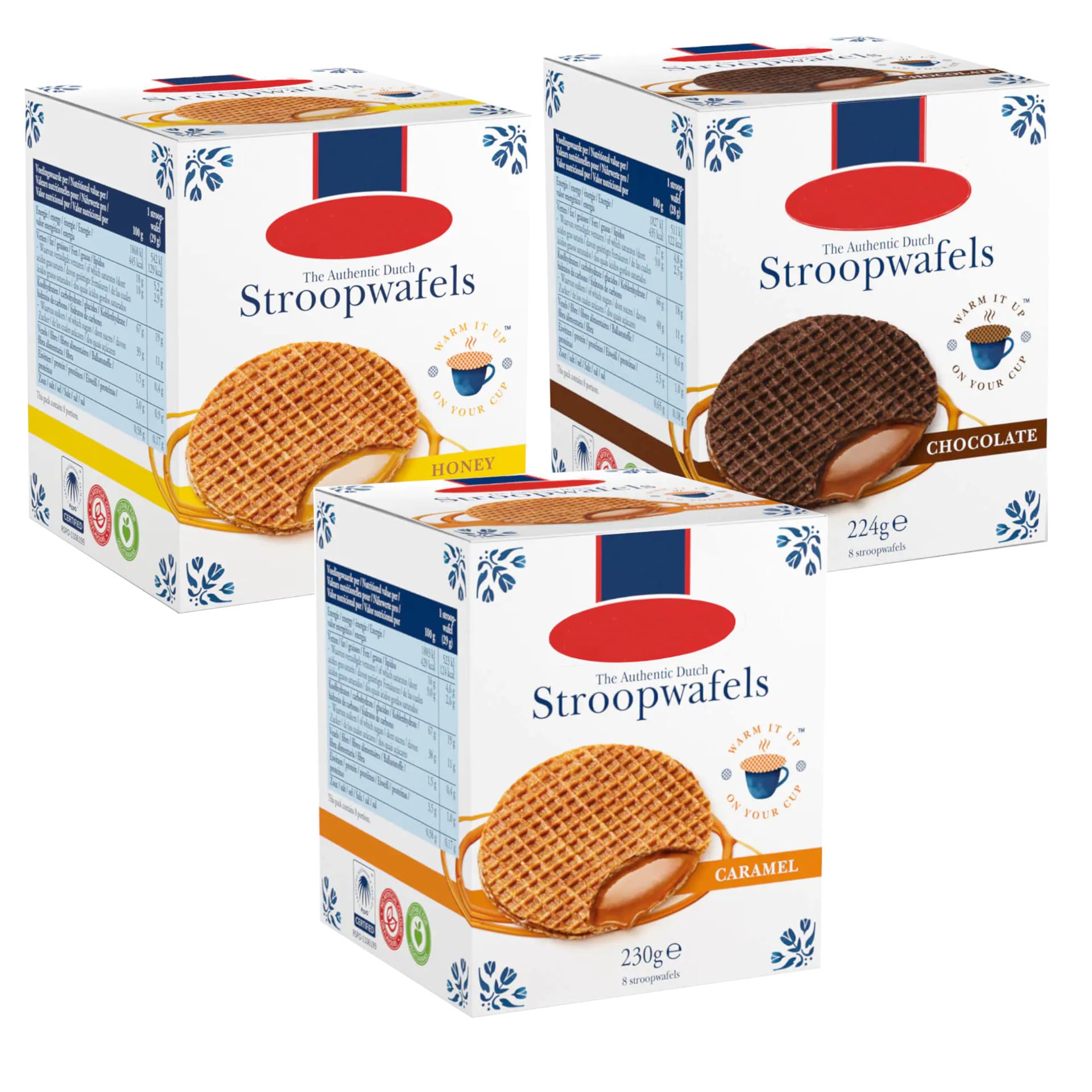Dutch Stroopwafel 3 Flavour Variety Bundle - Contains Caramel (230g x 1) Honey (230g x 1) & Chocolate (224g x 1)