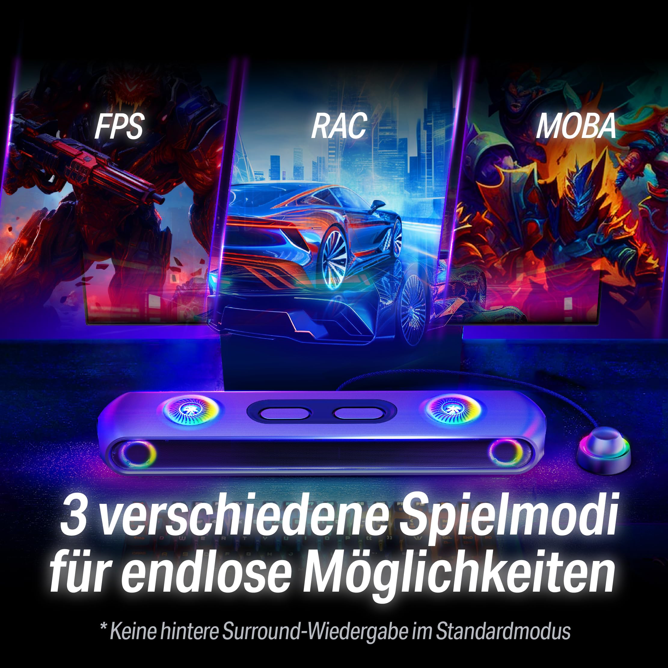 OXS Thunder Pro+ Gaming Soundbar mit Kabellosem Satelliten-Nackenlautsprecher, 7.1.2 Dolby Atmos Surround Sound System, Integriertem Woofer, App-Anpassung, RGB-Effekten, 3 Pro Gamer-Modi