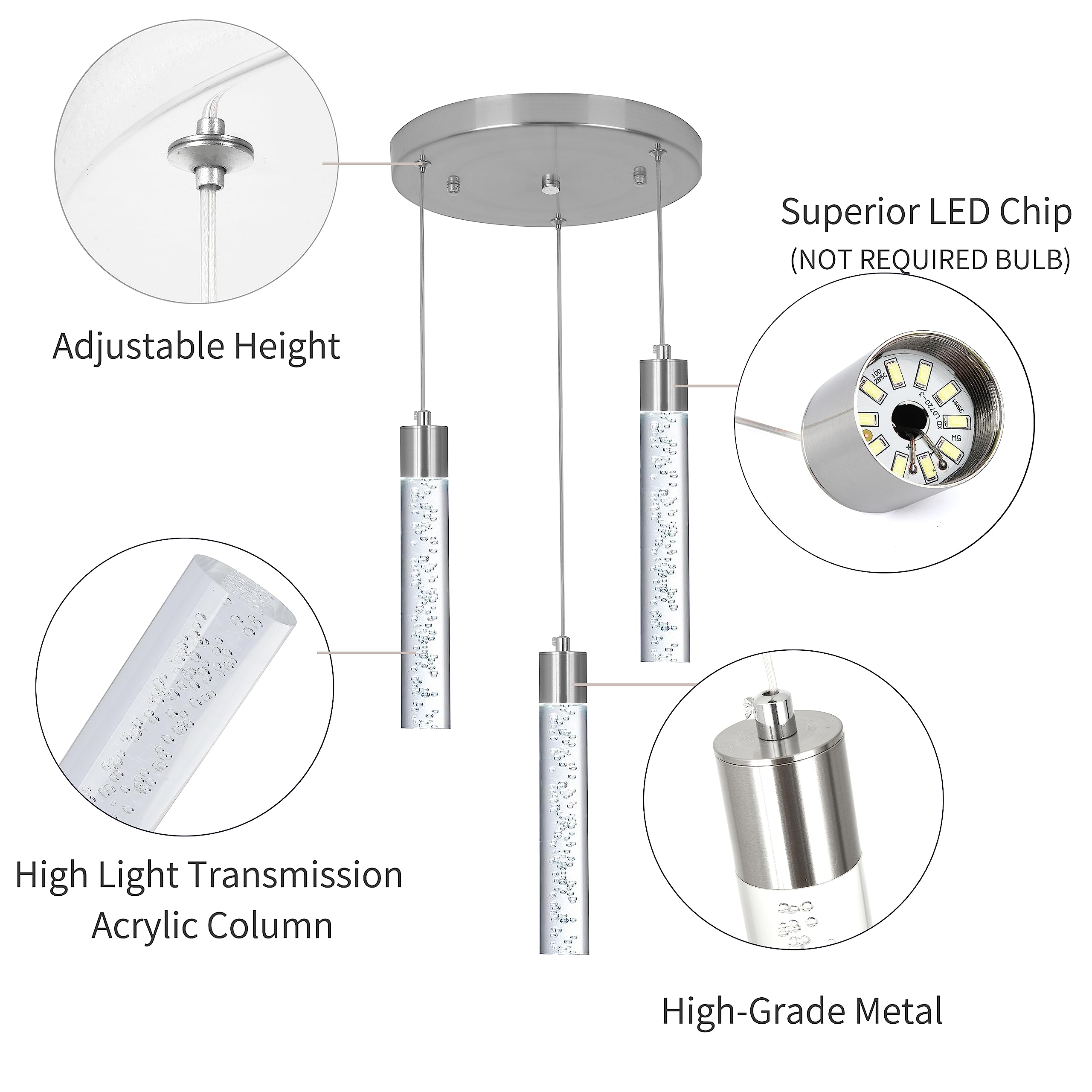 PNOUKF 3-Light Pendant Lights LED Kitchen Island Hanging Light Fixture, Brushed Nickel Dining Room Light Fixture with 15W CRI80 3300Lumen 6000K