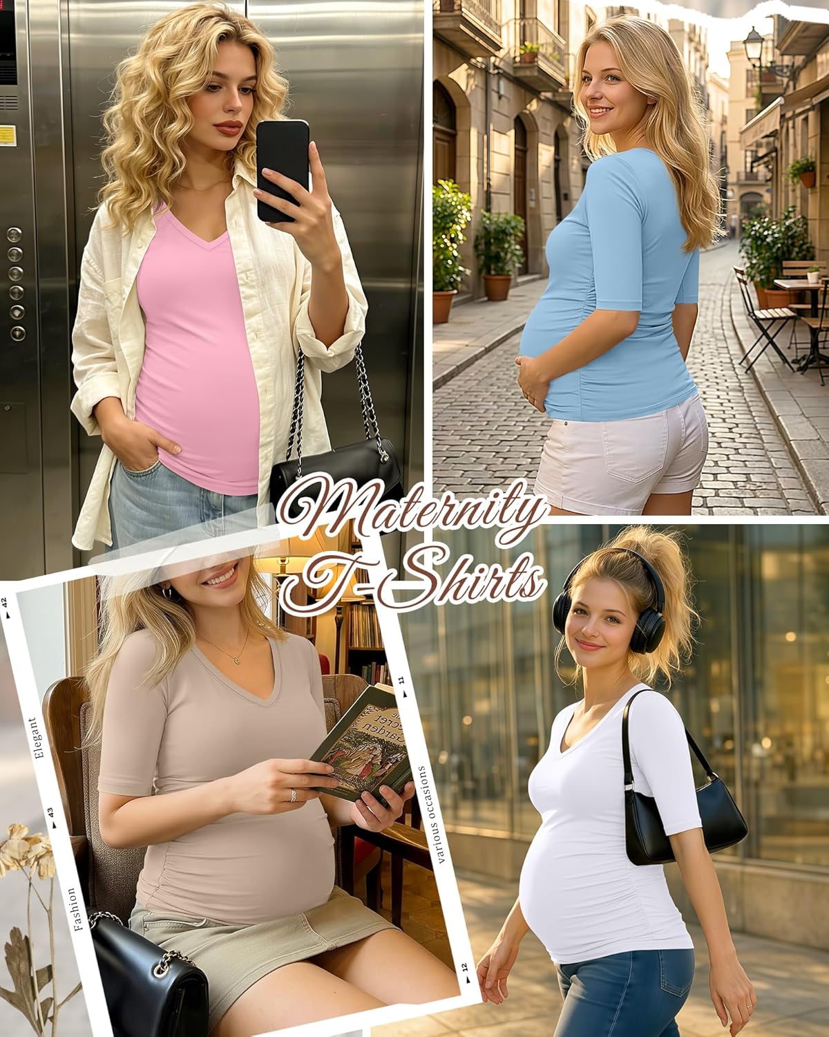 Riyiper 5 Pack Women's Maternity Shirts V Neck Half Sleeve Maternity Tops Side Ruched Casual Tee Pregnancy Clothes - Image 2
